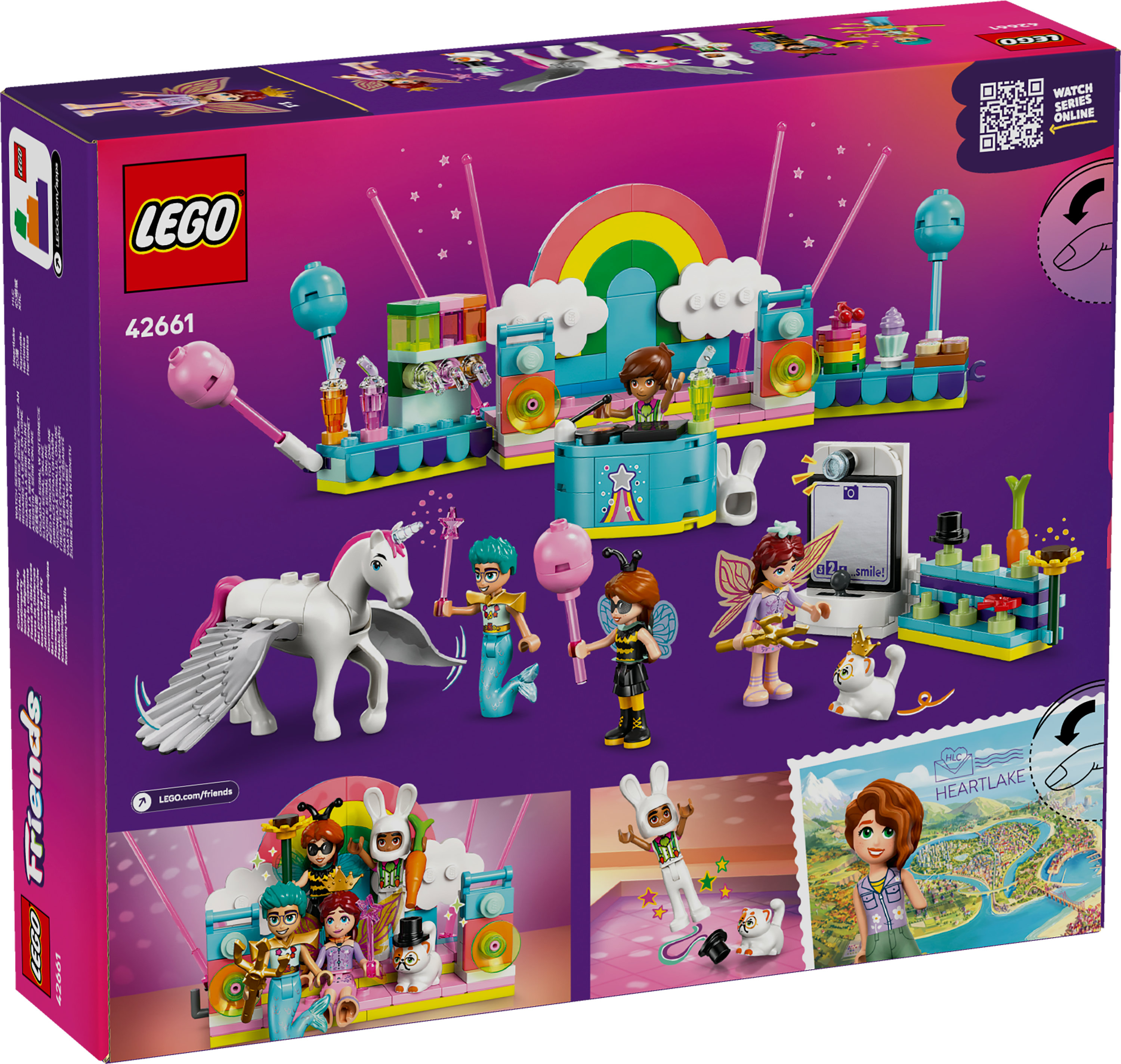 Pudełko zestawu Lego Friends. Pokazuje tęczę, figurki, jednorożca i scenę. To scena z fioletowym tłem.