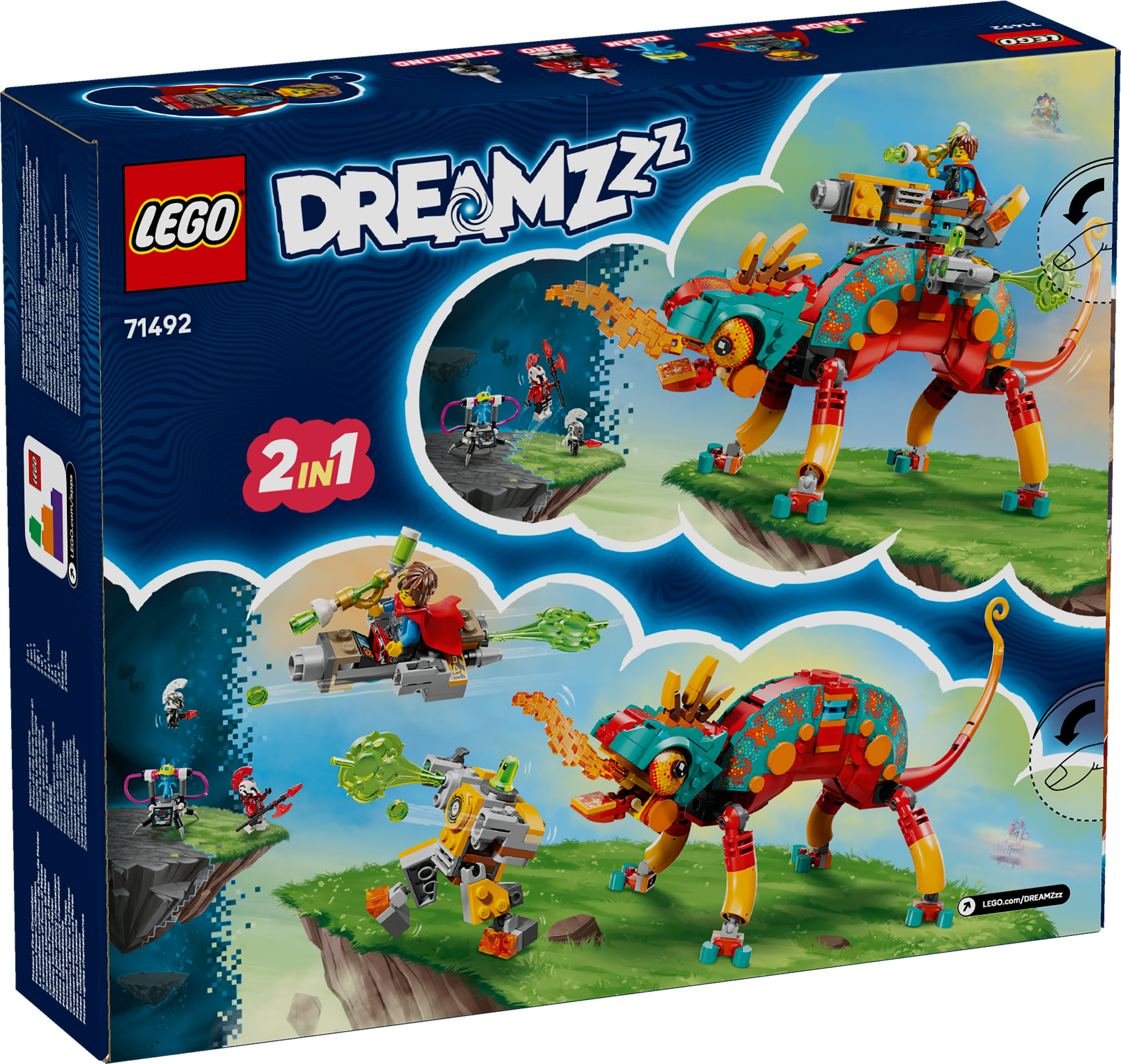 Pudełko LEGO Dreamzzz. Pokazuje czerwonego i turkusowego kameleona, żółtego robota i osobę jadącą latającą maszyną.