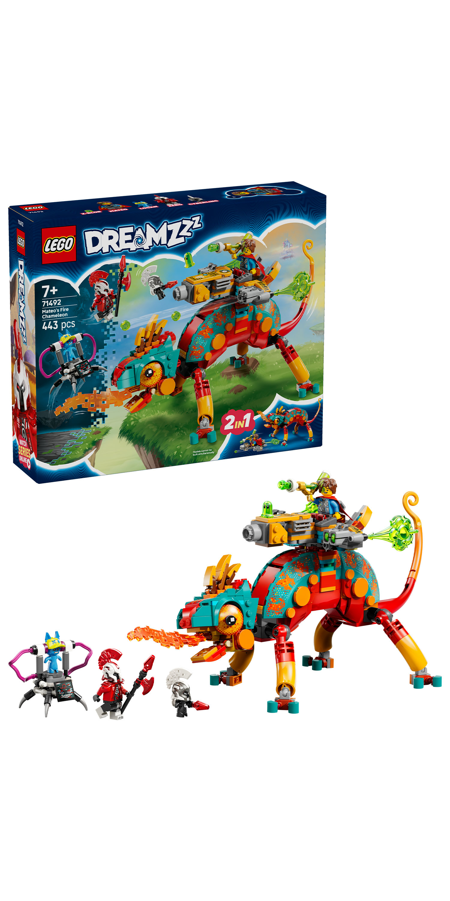 Zestaw LEGO Dreamzzz z dużym, kolorowym kameleonem z jeźdźcem. Zestaw zawiera również wiele minifigurek i akcesoriów.