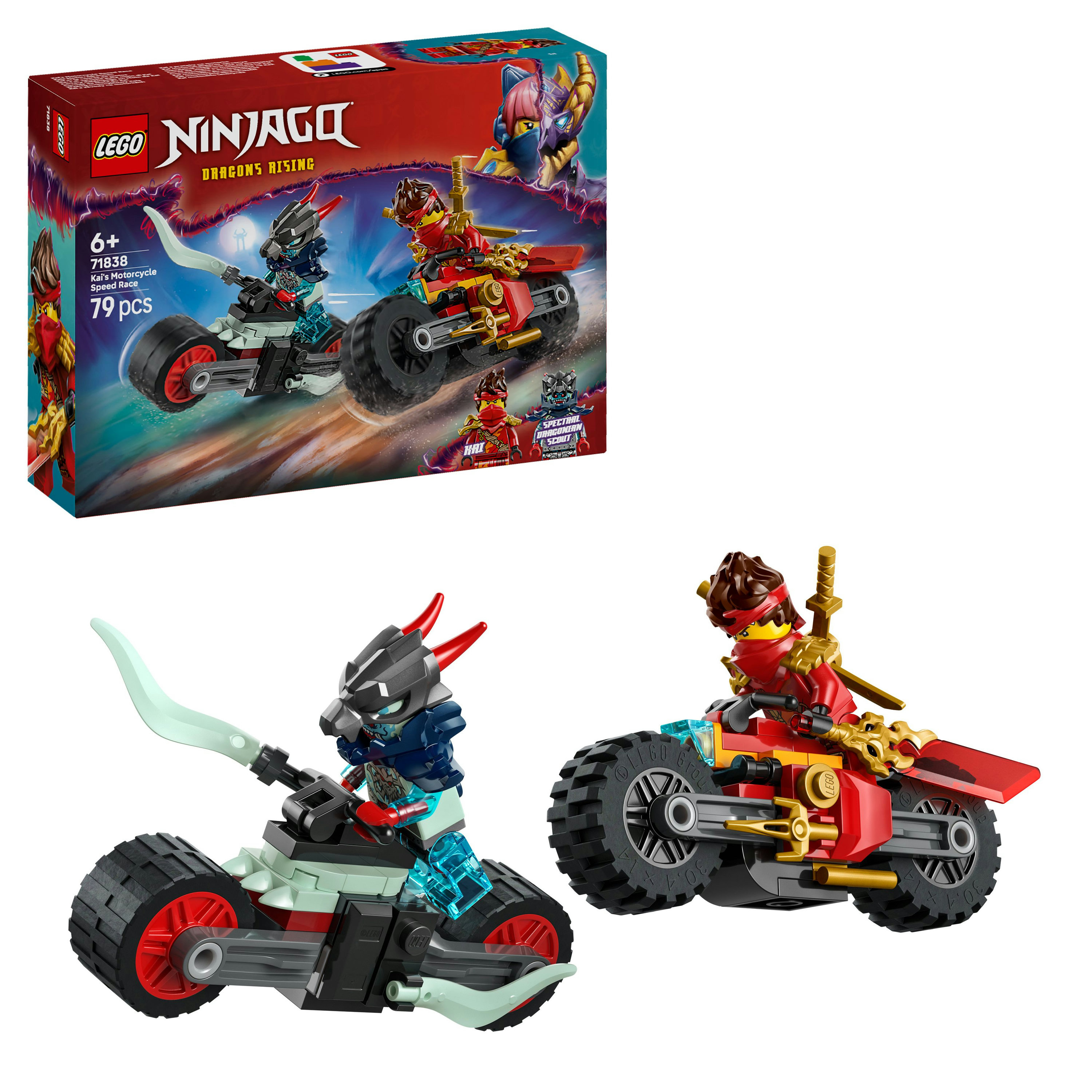 Zestaw LEGO Ninjago: motocykl Kaia i motocykl Spectral Dragonian Scout, oba w akcji.