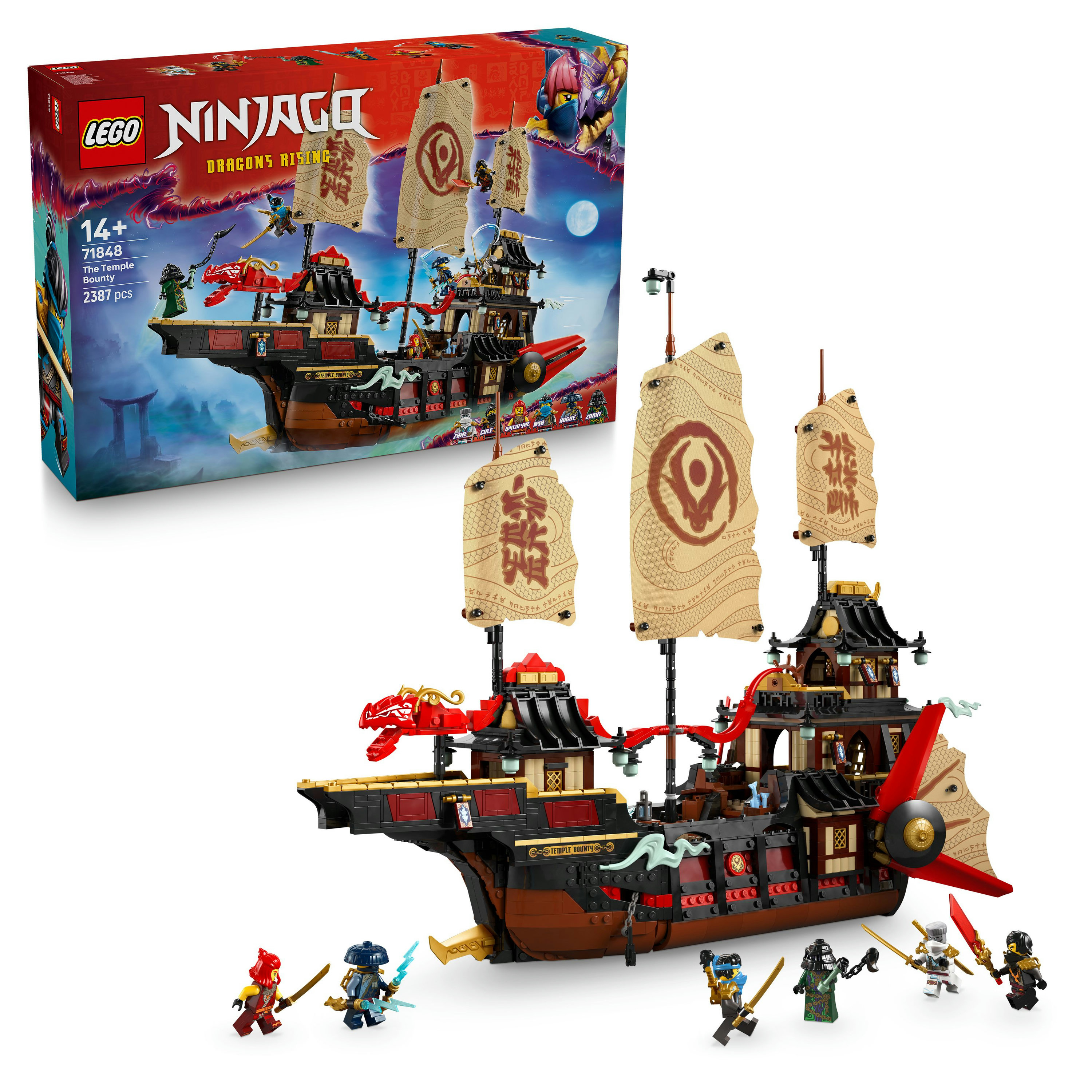 Zestaw Lego Ninjago przedstawiający statek z żaglami i głowami smoków. Kilka minifigurek walczy wokół statku.