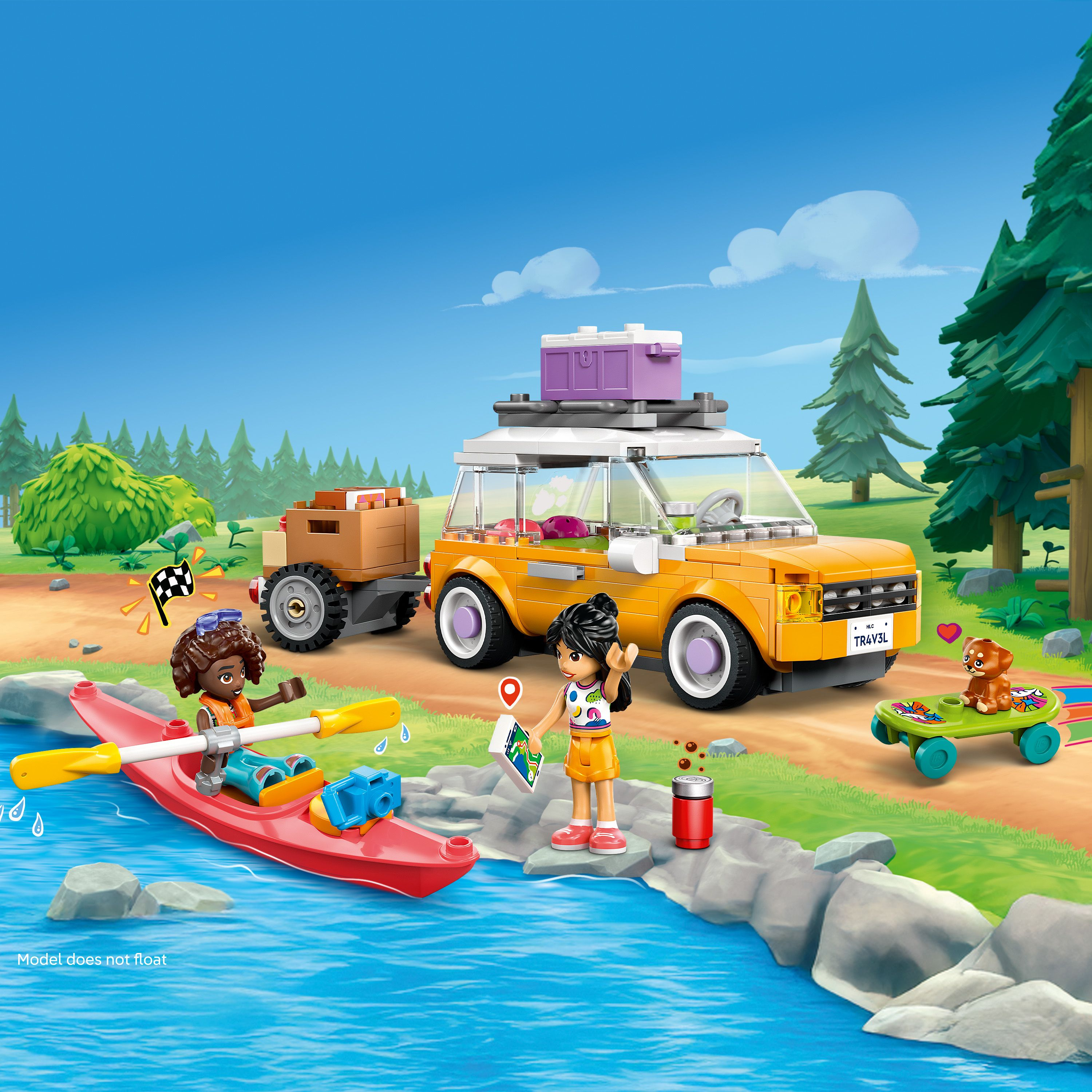 Scena LEGO: dziewczyny z samochodem, kajakiem i deskorolką. Zawiera drzewa, wodę i czyste niebo.