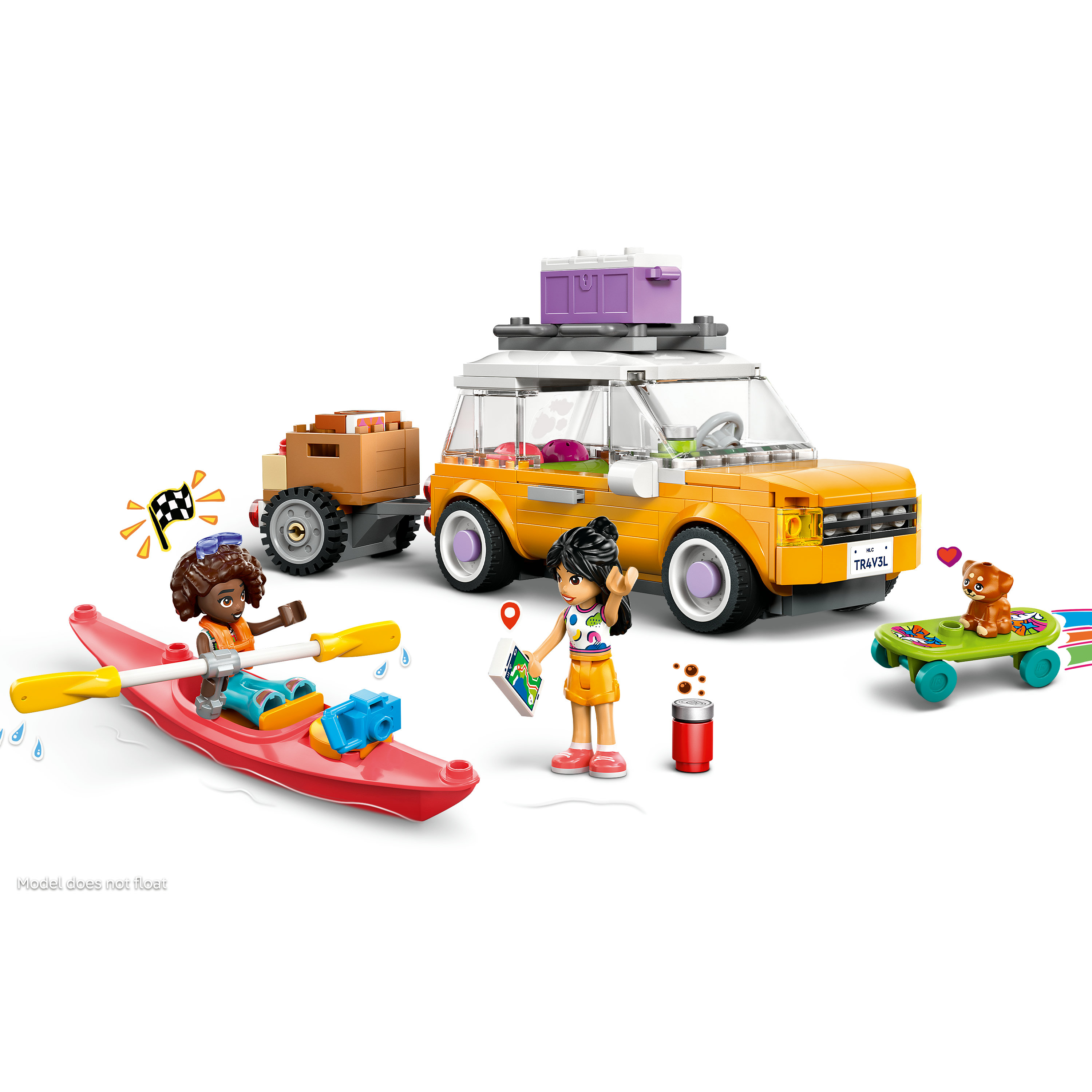Zestaw Lego Friends: Samochód, przyczepa, kajak i deskorolka. Postacie z mapą, napojem i psem. Szachownica.