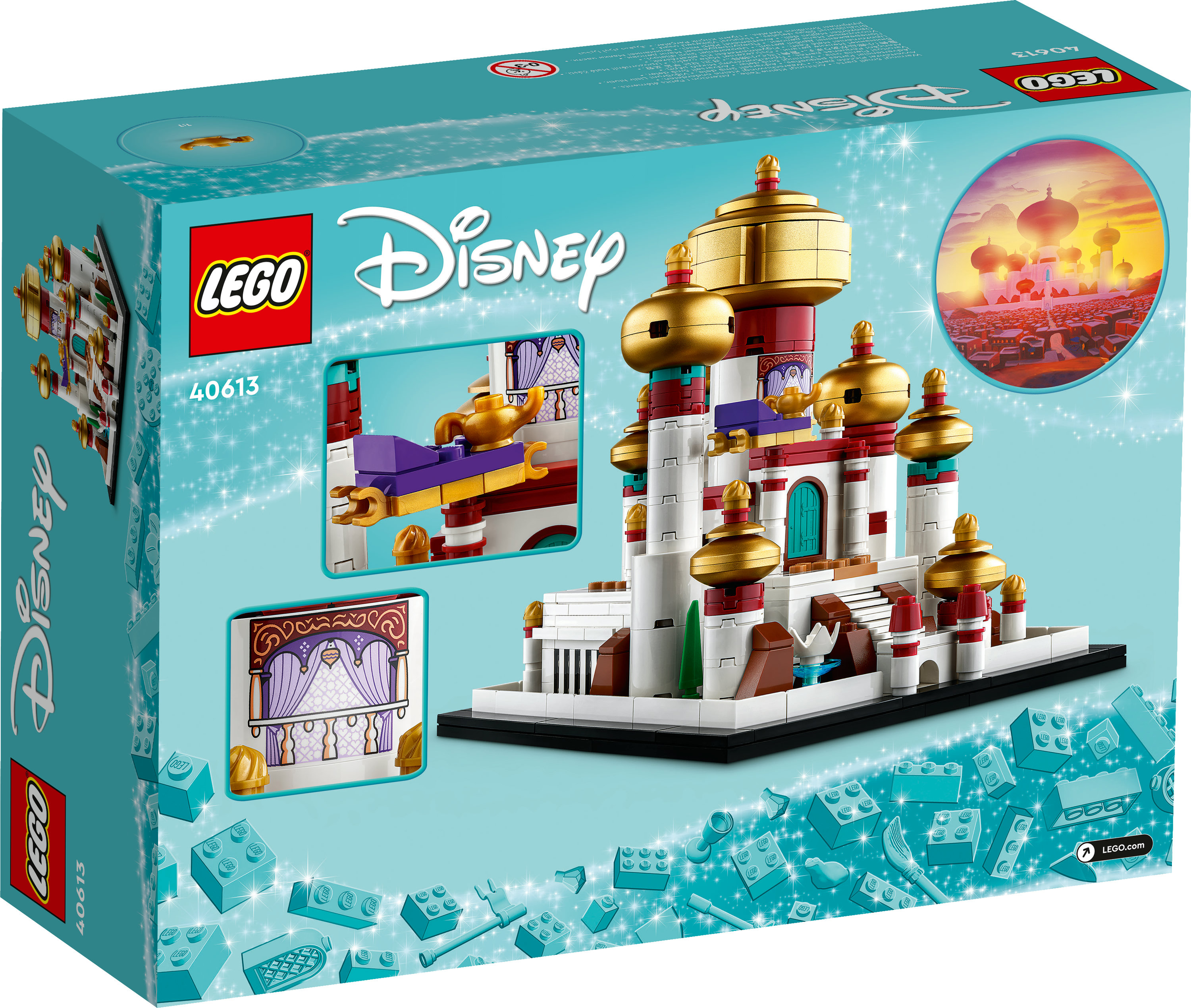 Lego Disney-Box mit Palastmodell. Enthält Bilder des Modells und Aladdins Lampe. Hintergrund hat eine Stadtillustration.