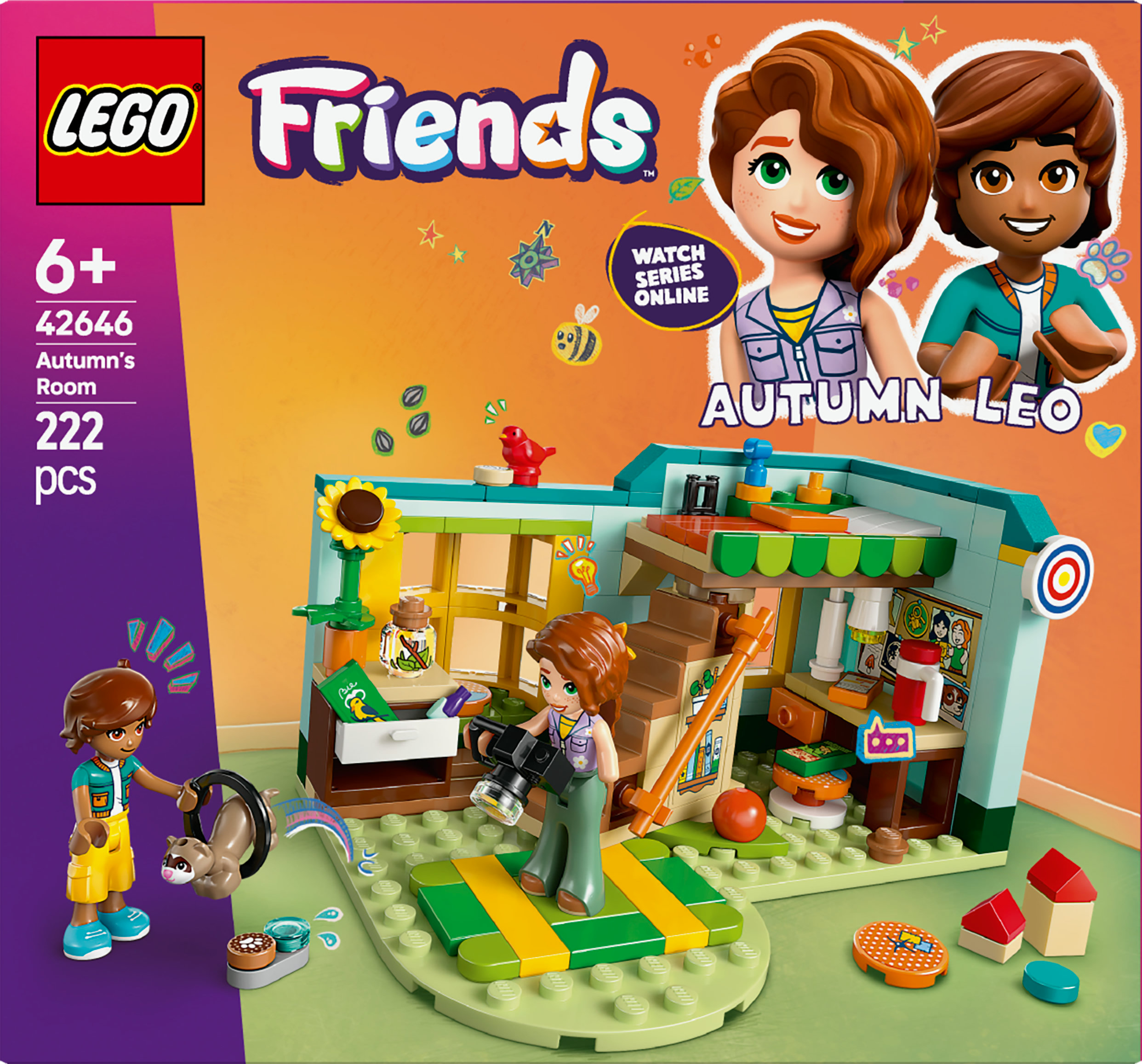 Zestaw LEGO Friends. Pokój Autumn z minifigurkami, domem i fretką. Kolorowa, szczegółowa scena z wieloma elementami.
