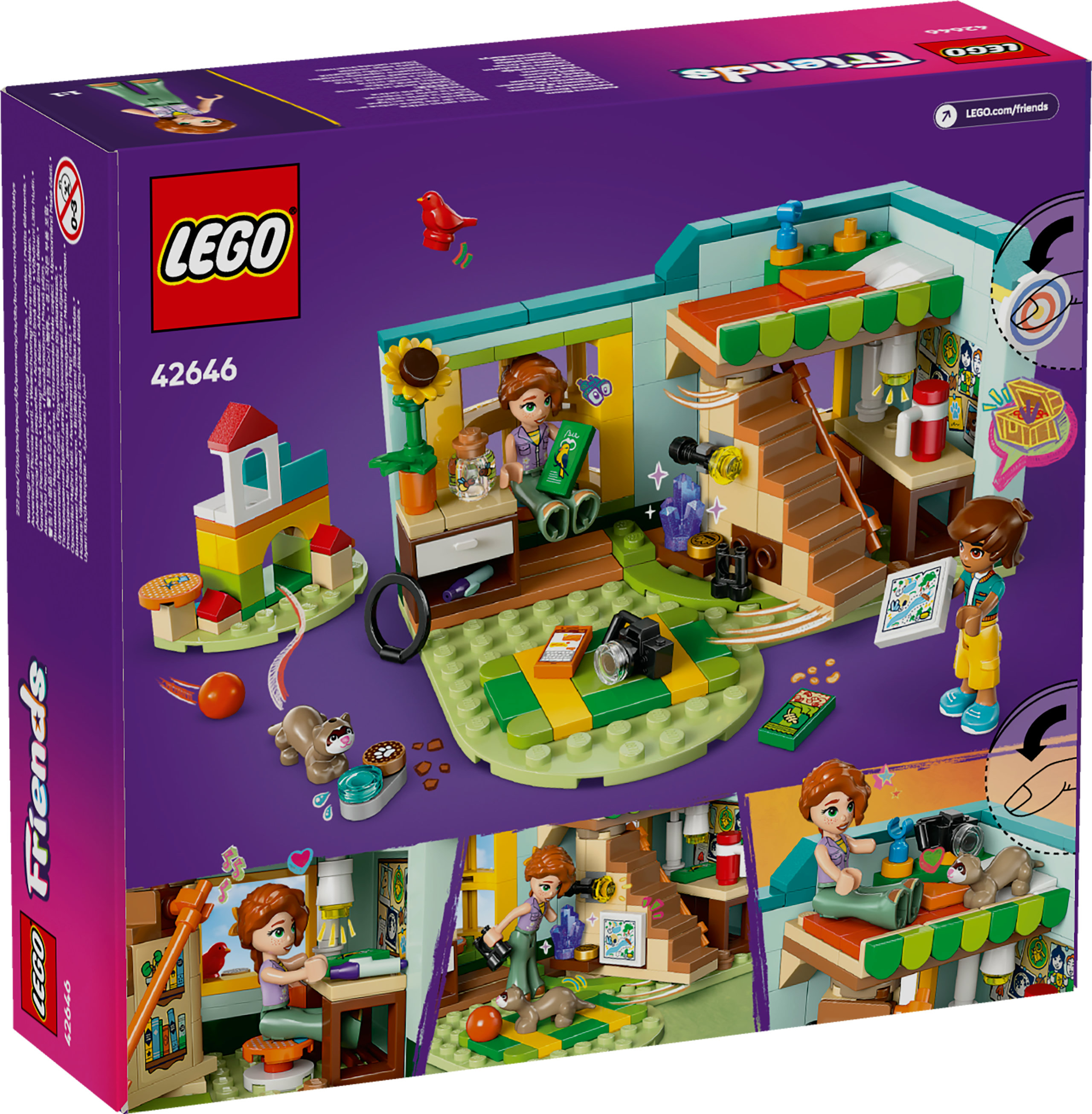 Pudełko LEGO Friends. Pokazuje zestaw z mini-figurkami, fretką, aparatem i budynkiem ze schodami. Pudełko jest fioletowe i różowe.
