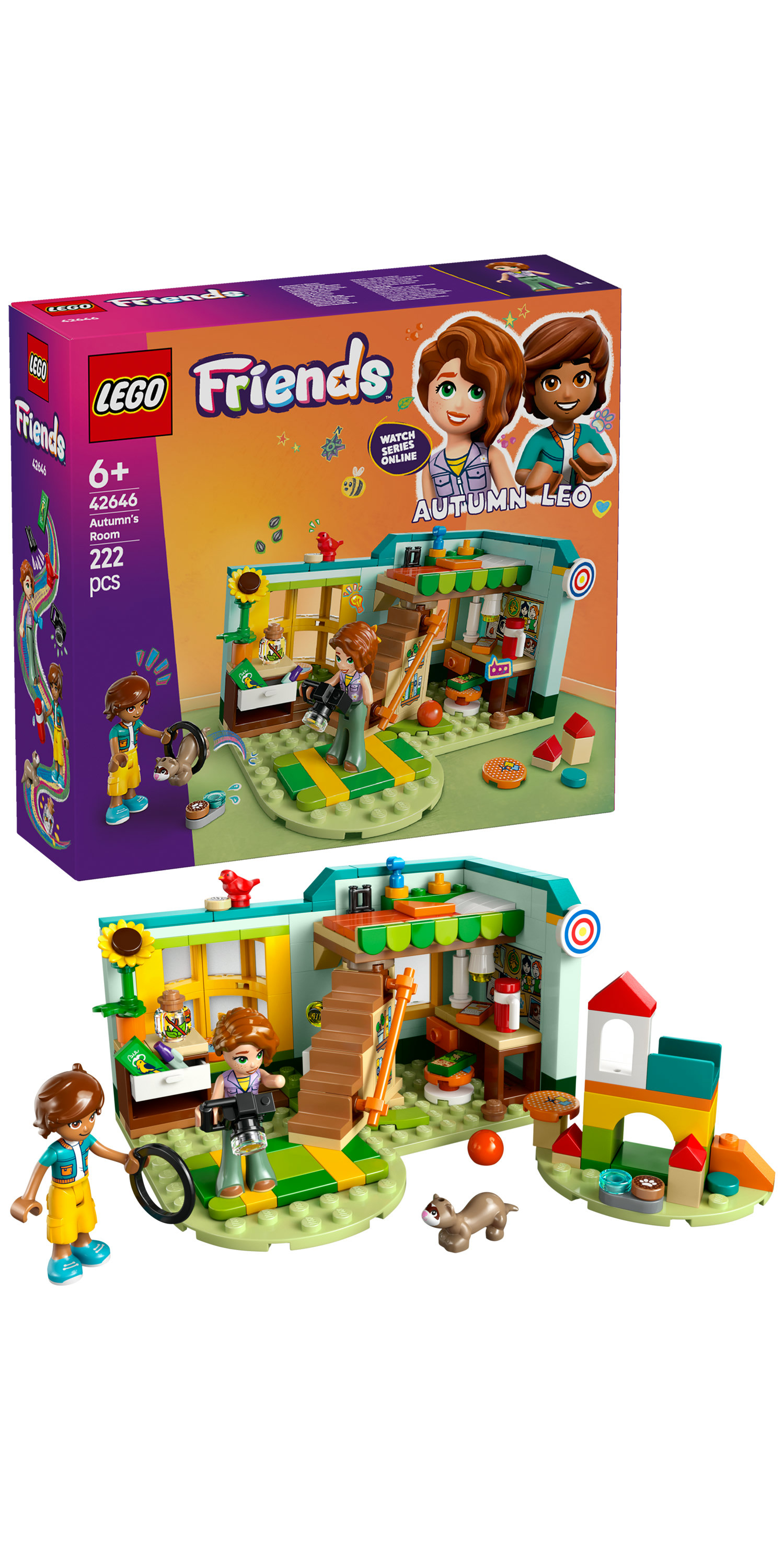 Zestaw Lego Friends przedstawiający pokój z figurkami, akcesoriami i pudełkiem. Pudełko przedstawia postacie Autumn i Leo.