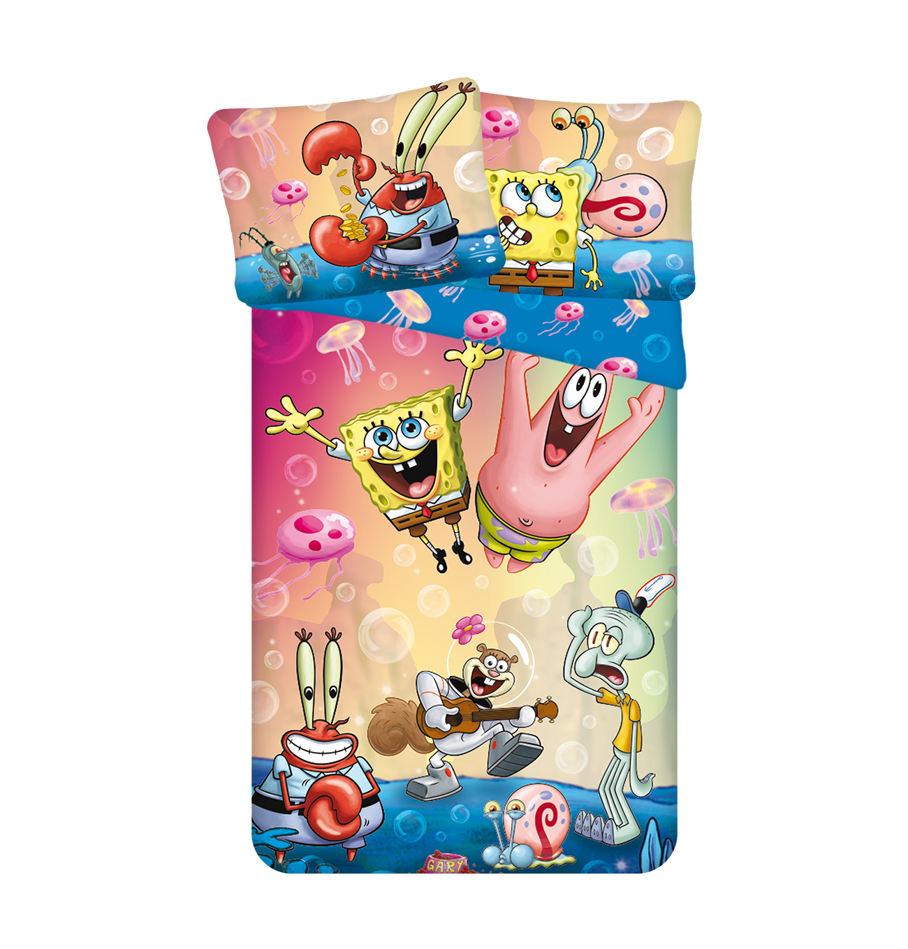 Bettwäsche-Set von SpongeBob Schwammkopf mit Figuren wie SpongeBob, Patrick, Mr. Krabs, Thaddäus und Sandy, mit Meereslebewesen.