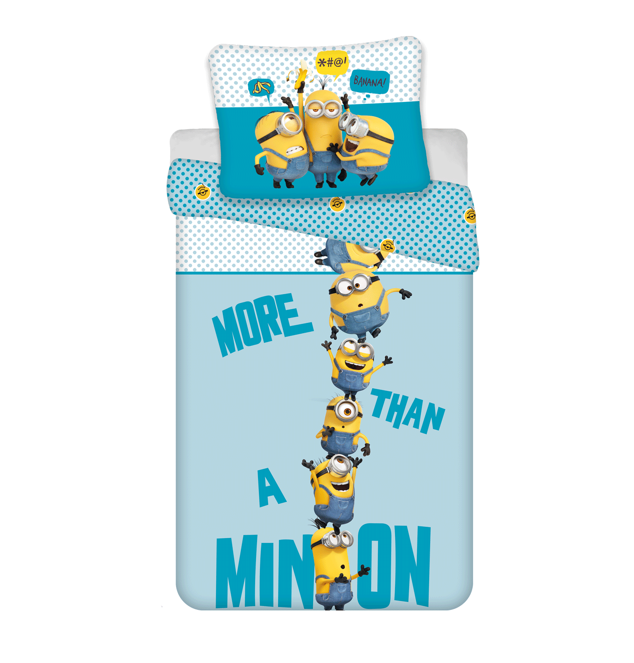 Ein Bettwäsche-Set zum Thema Minions. Es zeigt Minions auf dem Kissen und der Bettdecke, mit den Worten "More Than A Minion" auf der Bettdecke.