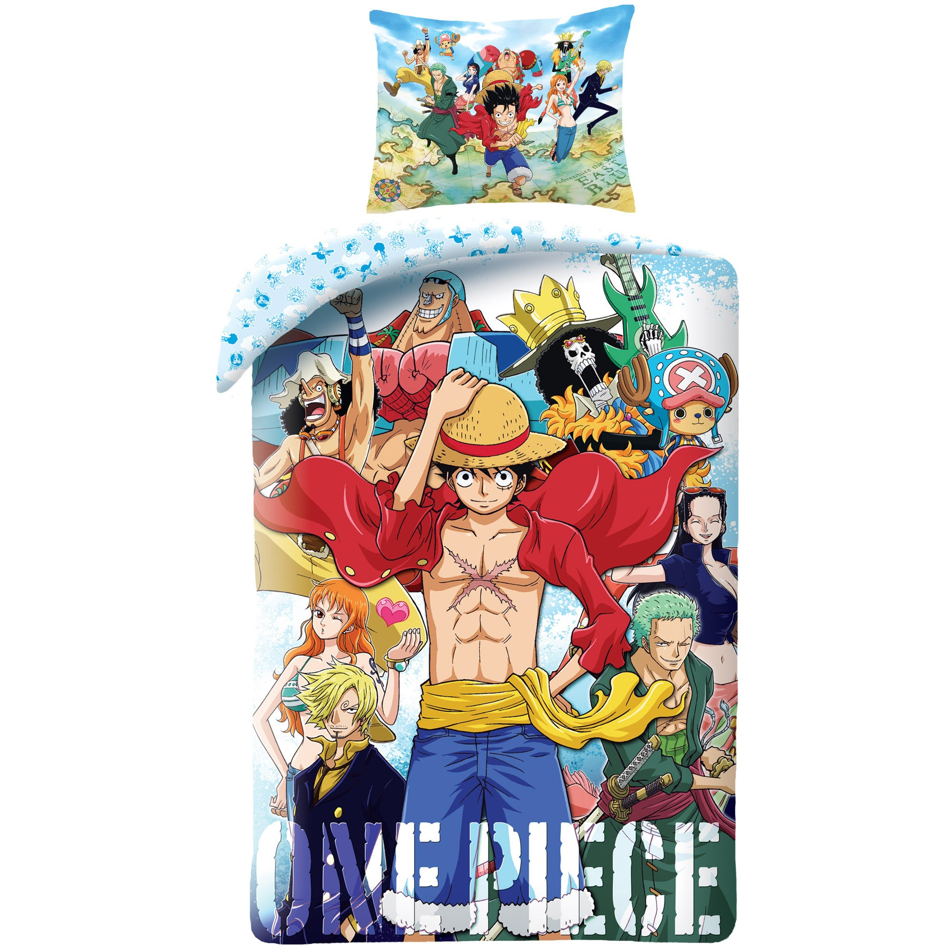 Bettwäsche-Set mit One Piece-Charakteren. Luffy in der Mitte, umgeben von anderen Charakteren. Ein Kissen mit Charakteren auf einer Karte.