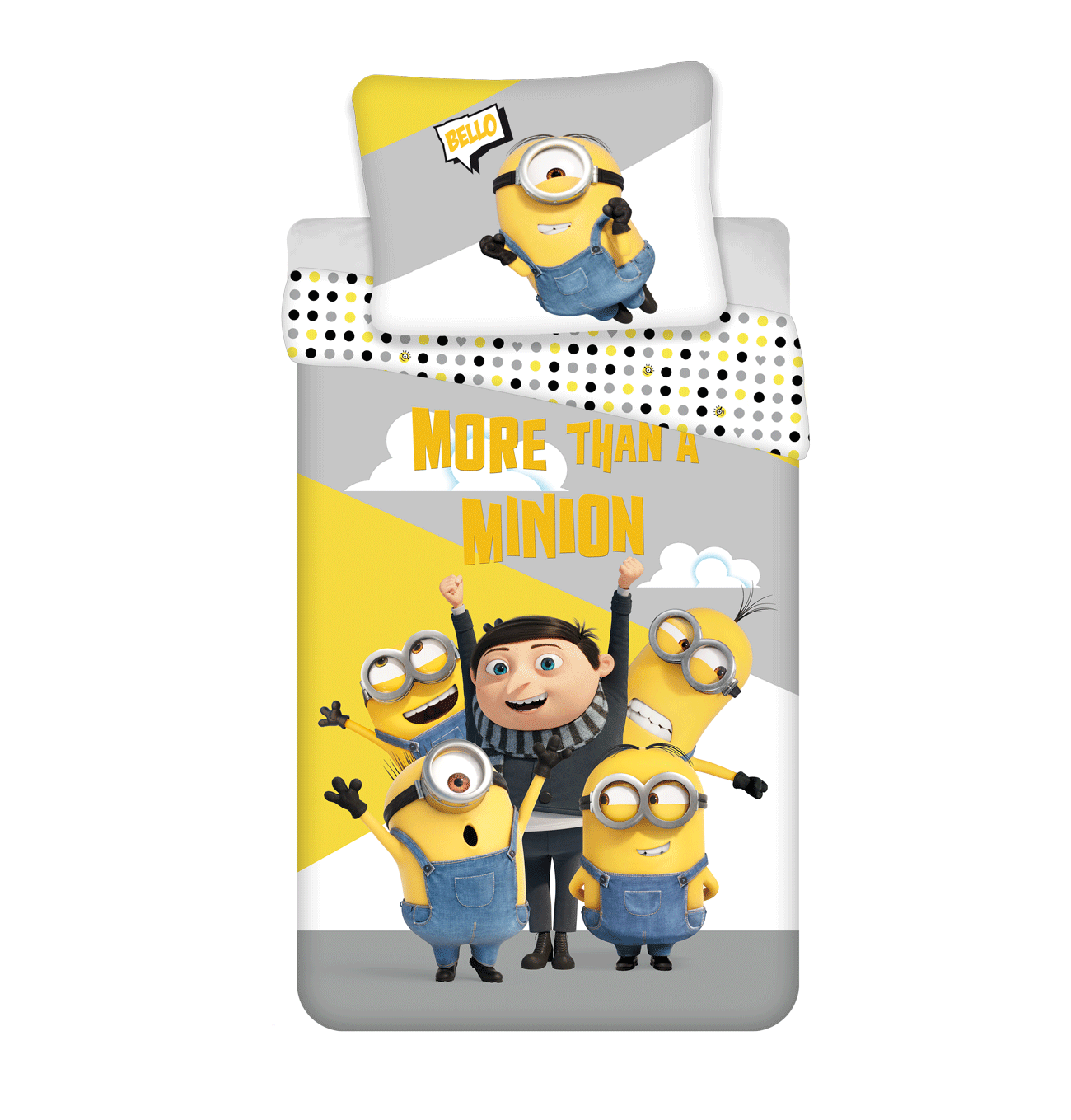 Bettwäsche-Set mit Minions. Gelbes, graues und weißes Design. Mit Minions und Gru. Text: 'More than a Minion'.