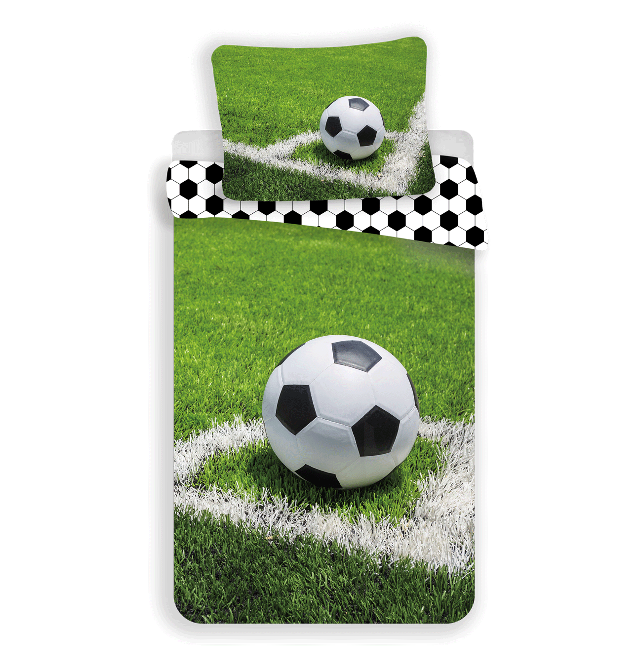 Fußballbettwäsche mit einem Fußball auf grünem Gras. Das Set umfasst einen Kissenbezug und einen Bettbezug mit Fußbällen.