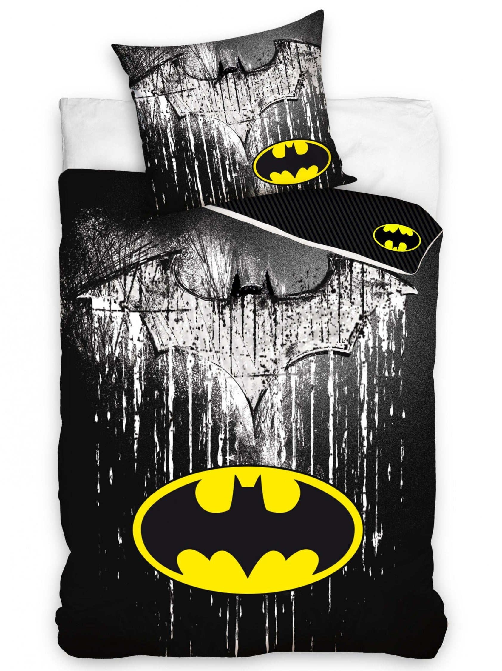 Batman-Bettwäsche. Schwarzes und gelbes Batman-Logo auf schwarzem Hintergrund, mit Used-Effekt. Inklusive Kissenbezug und Bettbezug.