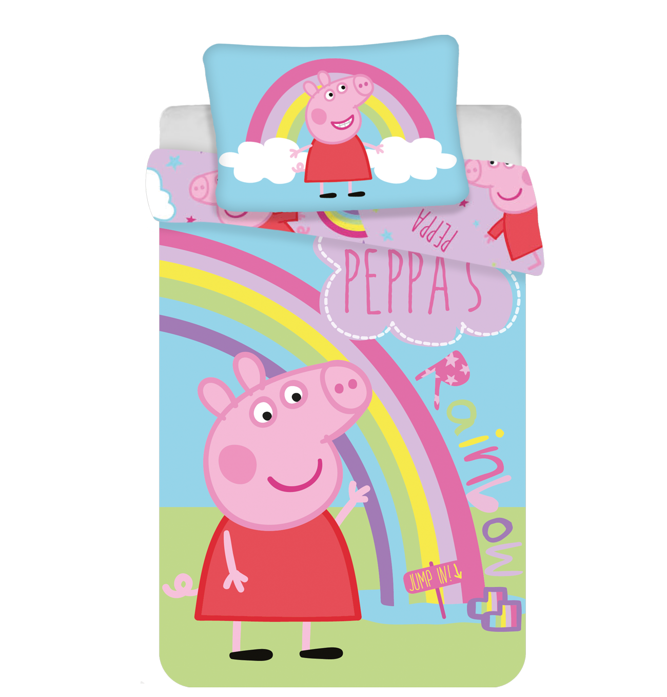 Peppa Wutz Bettwäsche-Set. Zeigt Peppa Wutz, Regenbogen, Wolken und das Wort "Peppa's". Enthält Kissen- und Bettbezug.