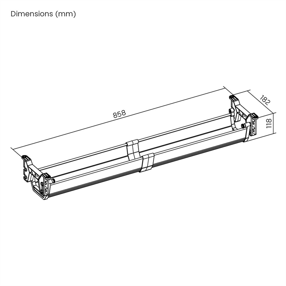 Un diagramma mostra un oggetto rettangolare con dimensioni di 858 mm, 182 mm e 118 mm, con le parole Dimensioni (mm).