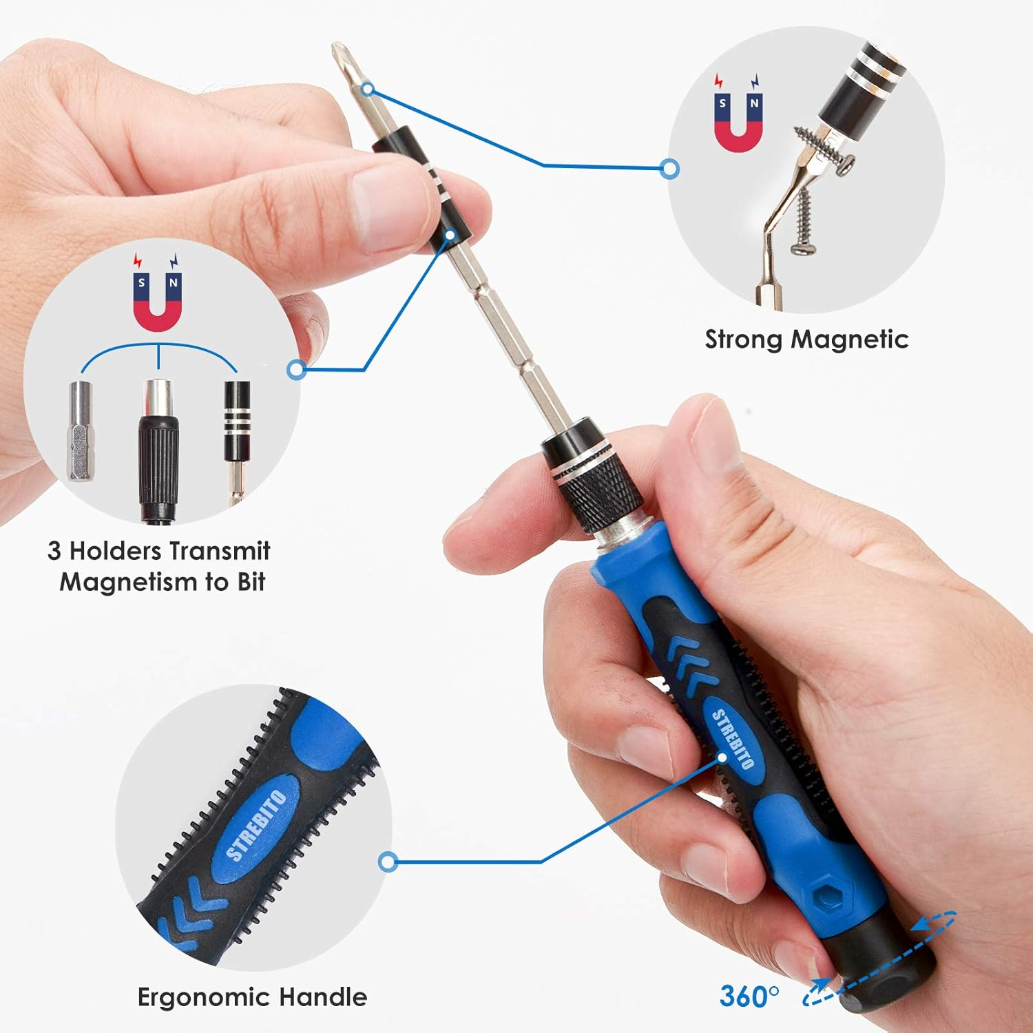 Eine Hand hält einen blau-schwarzen Schraubendreher. Diagramme zeigen magnetische Bits, starke Magnete und ergonomische Grifffunktionen.