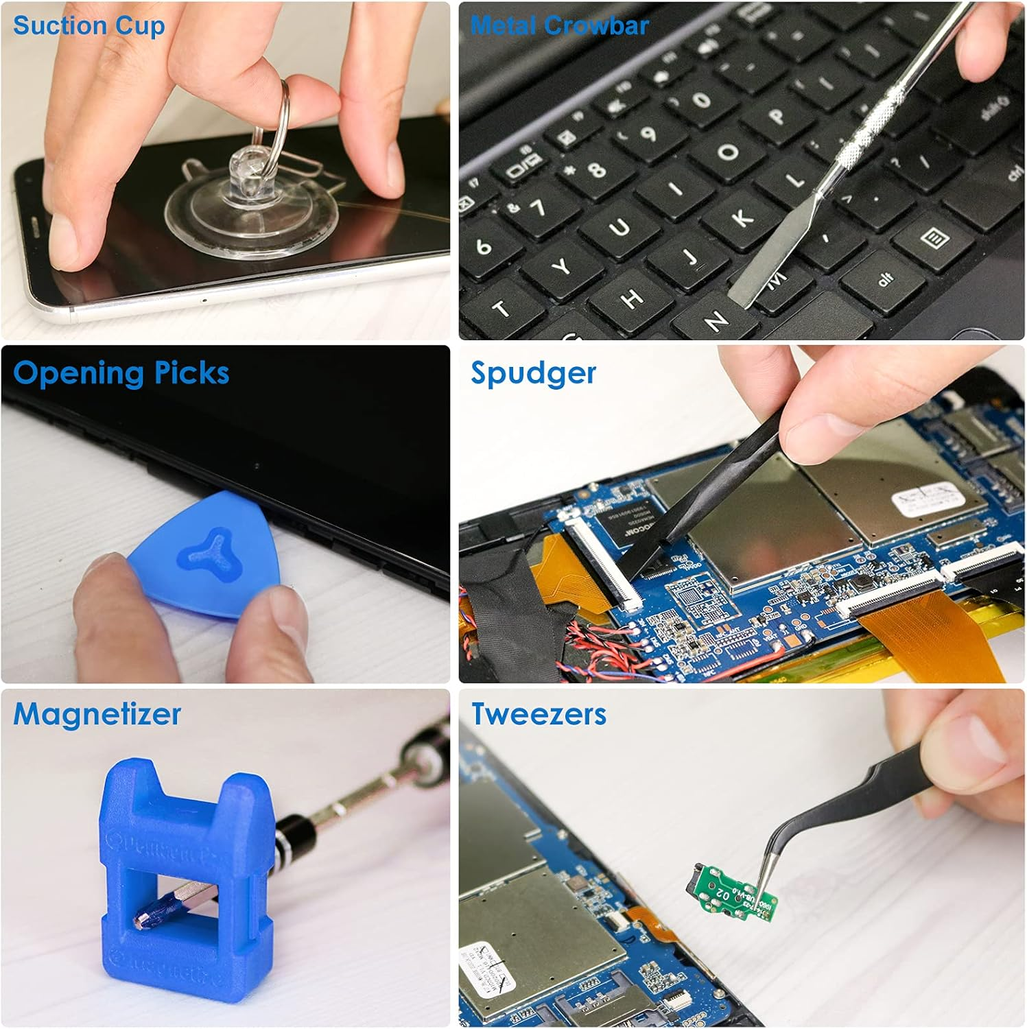 Das Bild zeigt Werkzeuge für die Elektronikreparatur: Saugnapf, Metall-Brechstange, Öffnungspicks, Spudger, Magnetisierer und Pinzette.