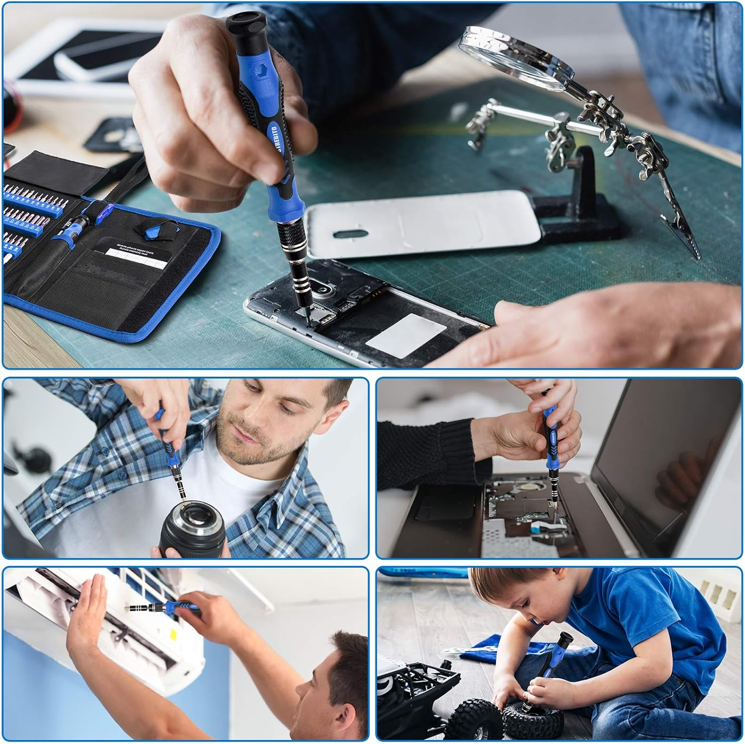 Eine Person repariert mit einem blau-schwarzen Schraubendreher ein Telefon. Andere Bilder zeigen ähnliche Reparaturen an einer Kameralinse, einem Laptop und anderen Geräten.