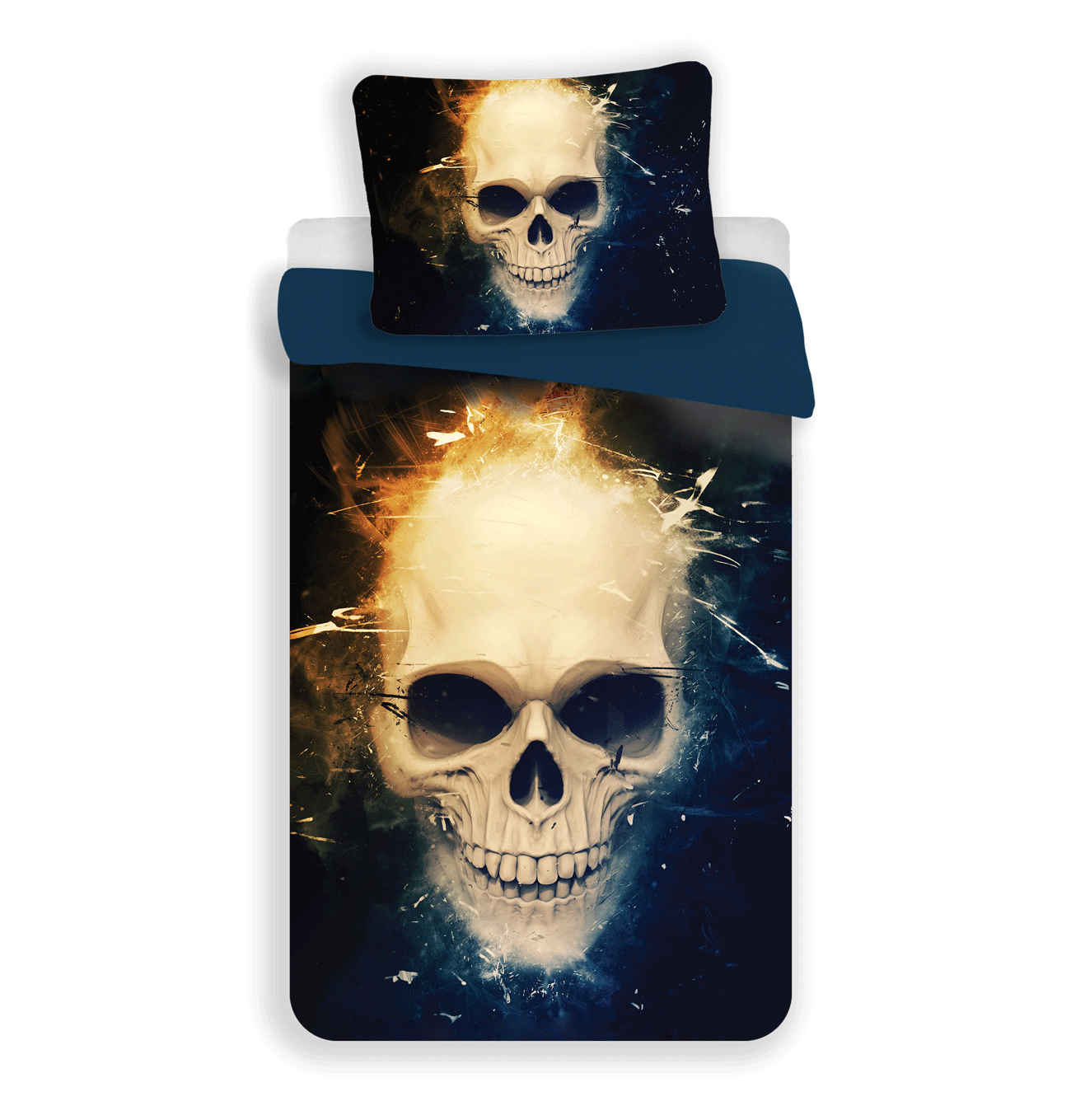 Bettwäsche-Set mit Totenkopf-Design. Der Totenkopf ist weiß mit schwarzen Augenhöhlen und von Flammen und Rauch umgeben.