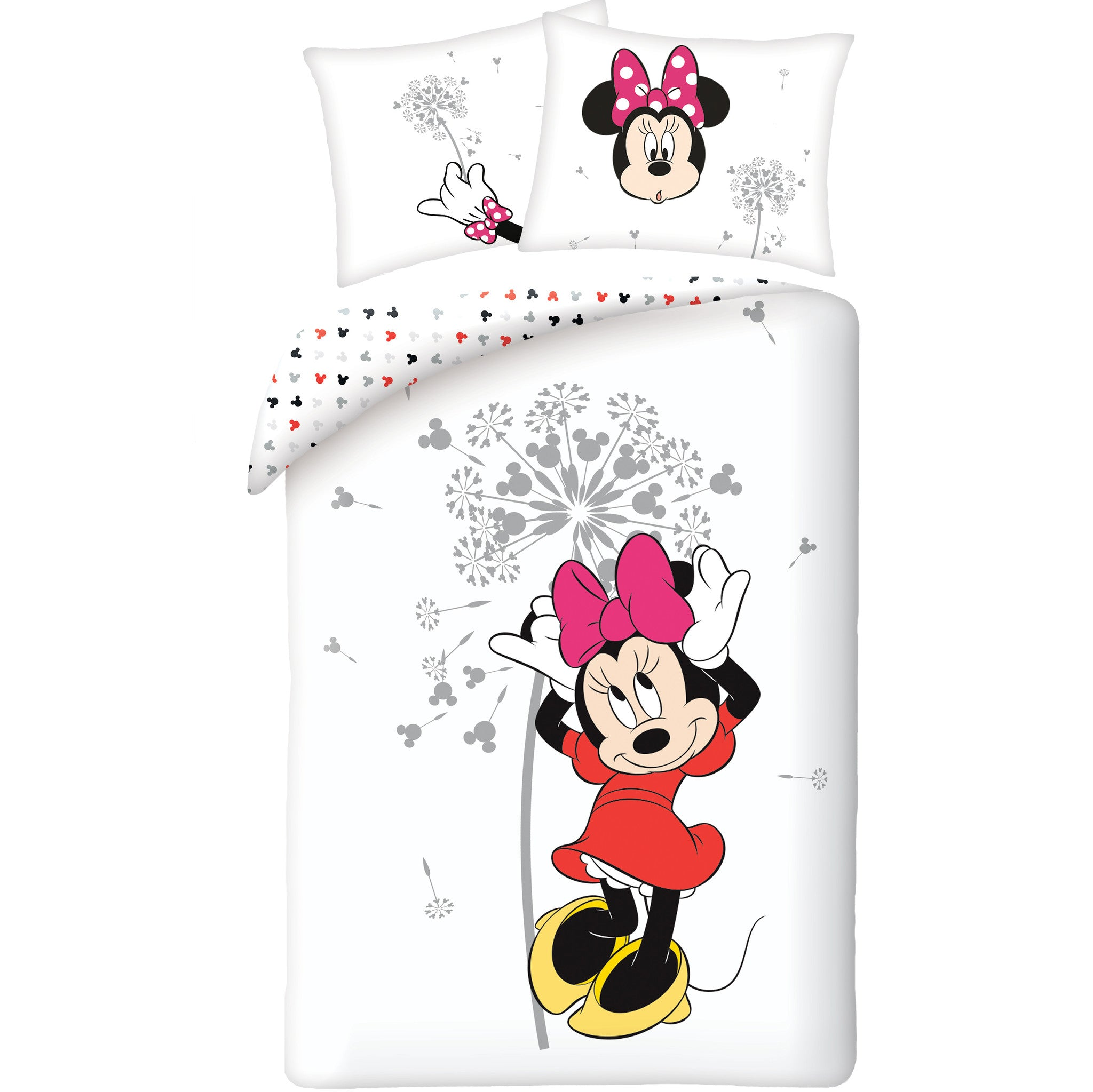 Bettwäsche-Set mit Minnie Mouse-Design. Minnie in rotem Kleid und rosa Schleife. Weißer Hintergrund. Kissen mit Mickey Mouse-Mustern.