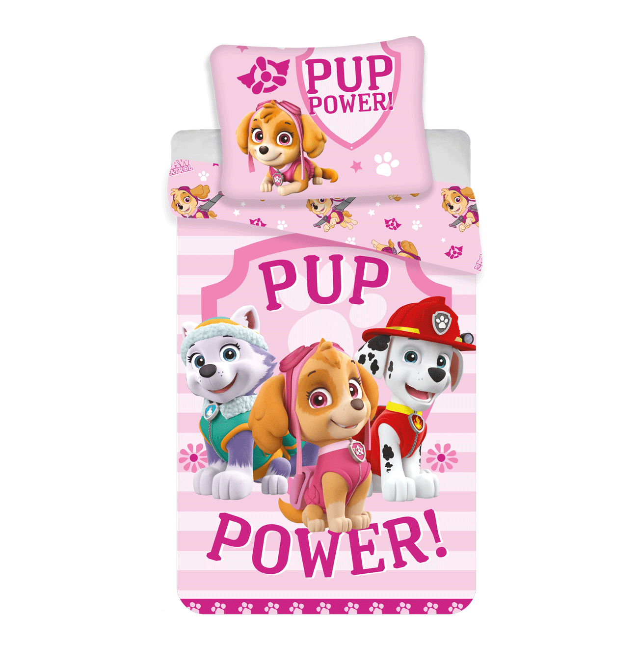 Rosa Paw Patrol Bettwäsche-Set. Mit Skye, Everest, Marshall und den Worten „Pup Power!“. Rosa und weiß gestreifter Hintergrund.