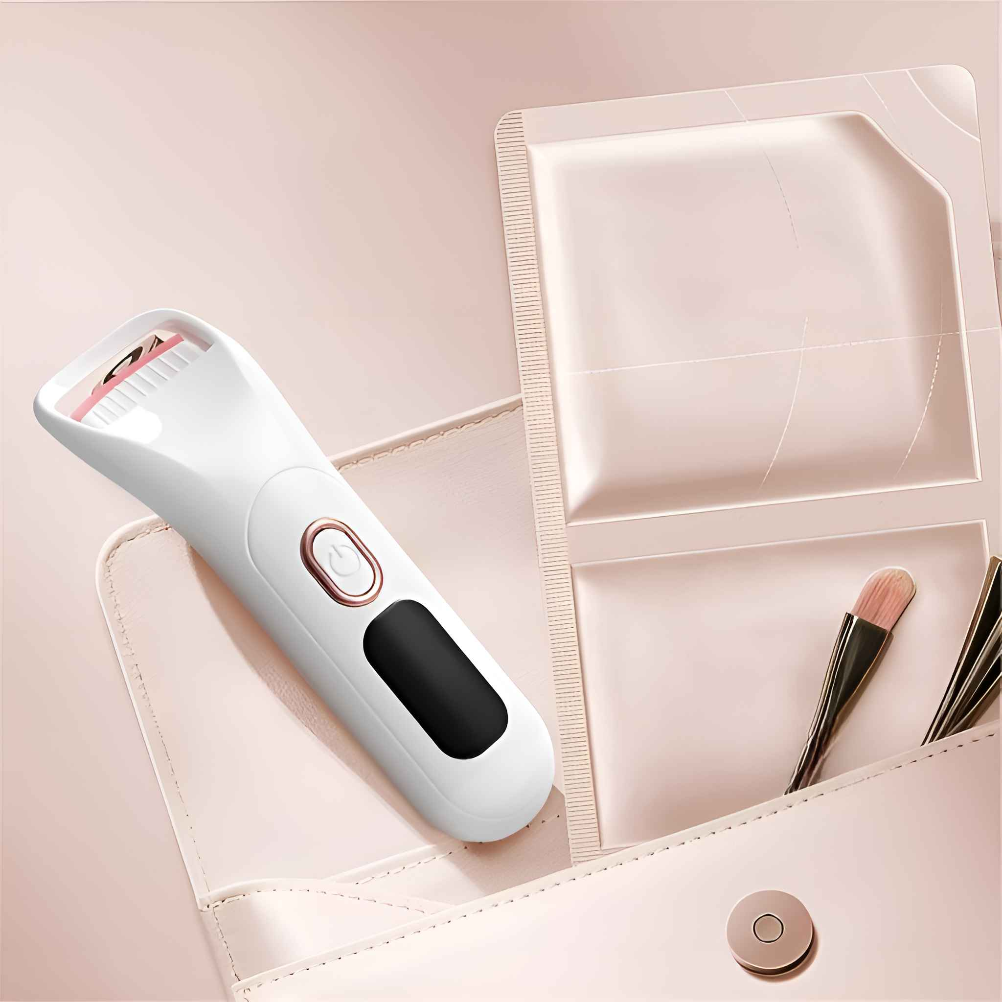 Weißer Wimpernzange auf einer rosa Geldbörse. Make-up-Pinsel und Beutel daneben. Der Hintergrund ist rosa.