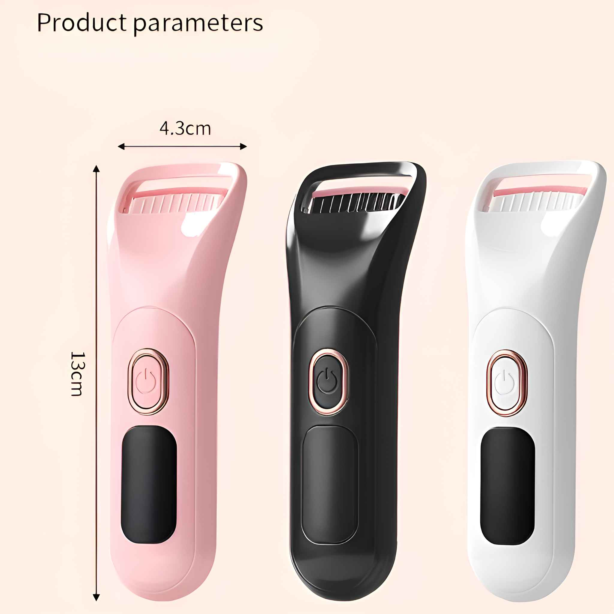 Drei Wimpernzangen, rosa, schwarz und weiß, nebeneinander dargestellt. Abmessungen: 13 cm hoch, 4,3 cm breit. Ein-/Aus-Taste sichtbar.