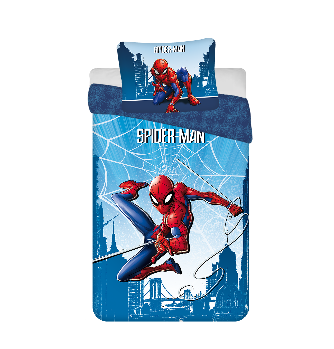 Spider-Man Bettwäsche-Set. Zeigt Spider-Man in Aktion auf blauem Hintergrund mit Stadtsilhouette und Webmustern.