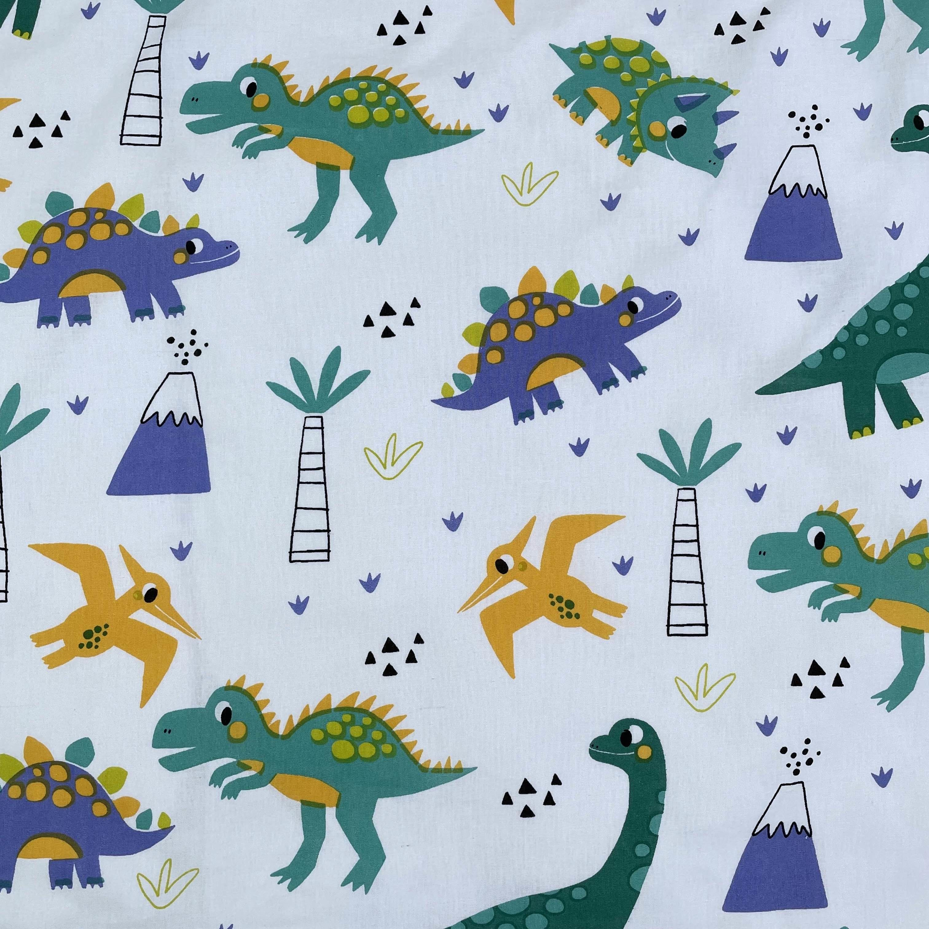 Ein weißer Hintergrund mit Zeichentrick-Dinosauriern, Vulkanen, Palmen und anderen Formen in verschiedenen Farben.
