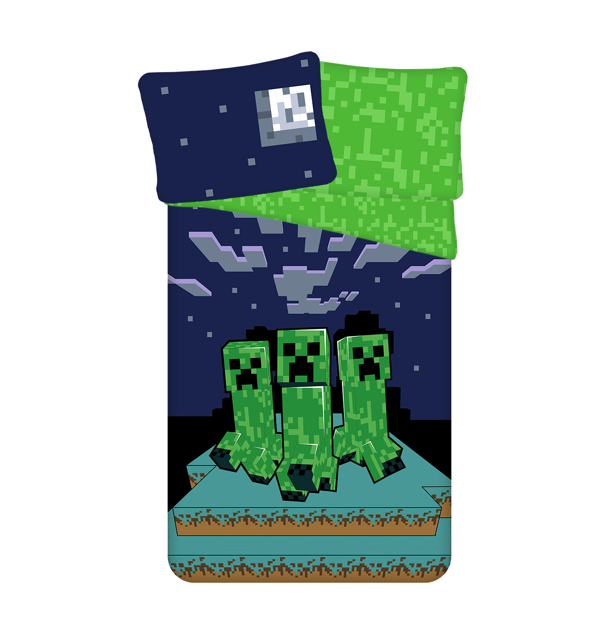 Drei grüne Minecraft-Creeper stehen auf einer blockartigen Plattform. Oben ist ein pixeliger Nachthimmel mit Mond und Wolken und Gras.