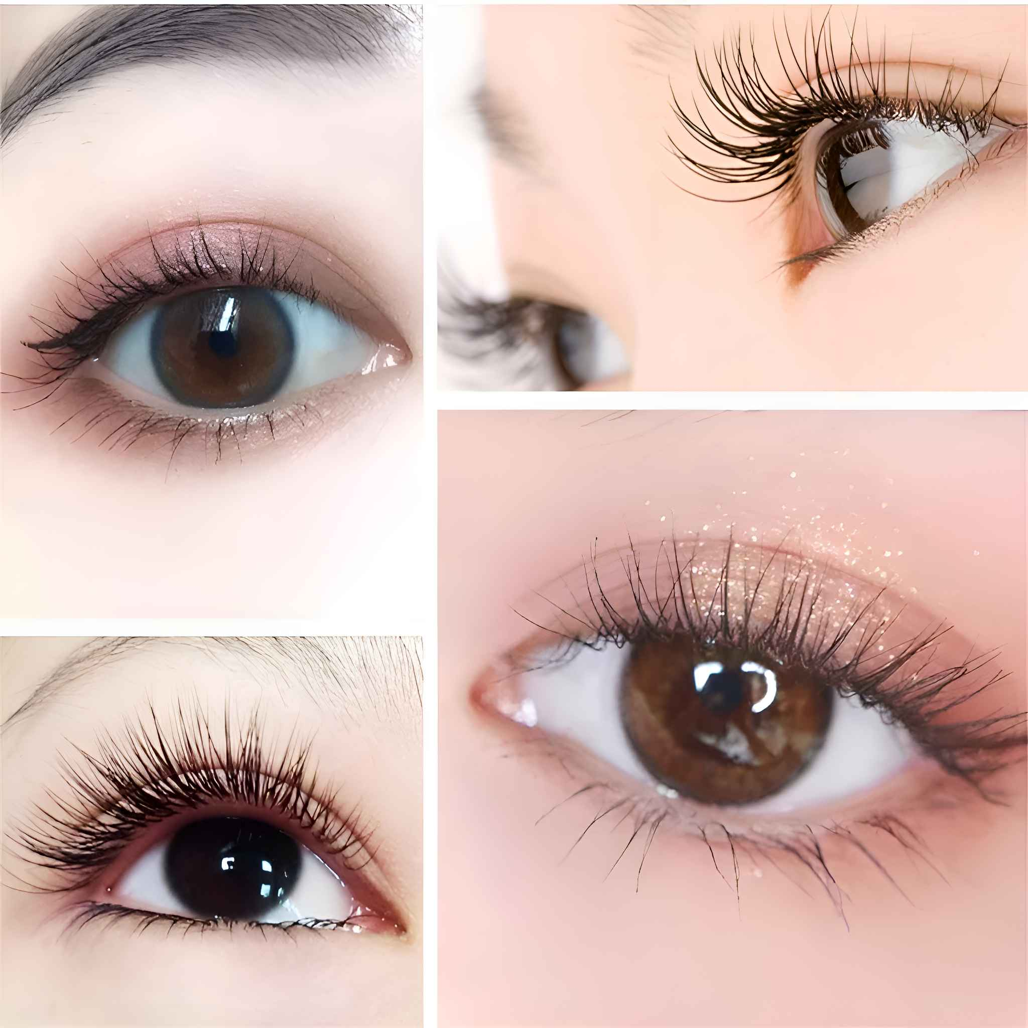 Nahaufnahme von vier Augen mit Make-up. Braune Augen, lange Wimpern und Lidschatten sind sichtbar.