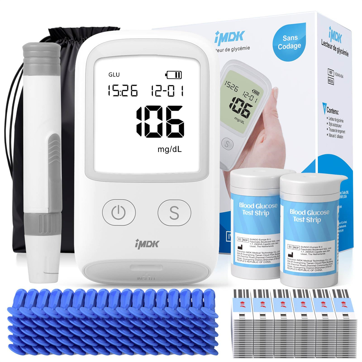 Ein Blutzuckermessgerät-Kit mit Anzeige von 106 mg/dL, Teststreifen und Lanzetten sind sichtbar.