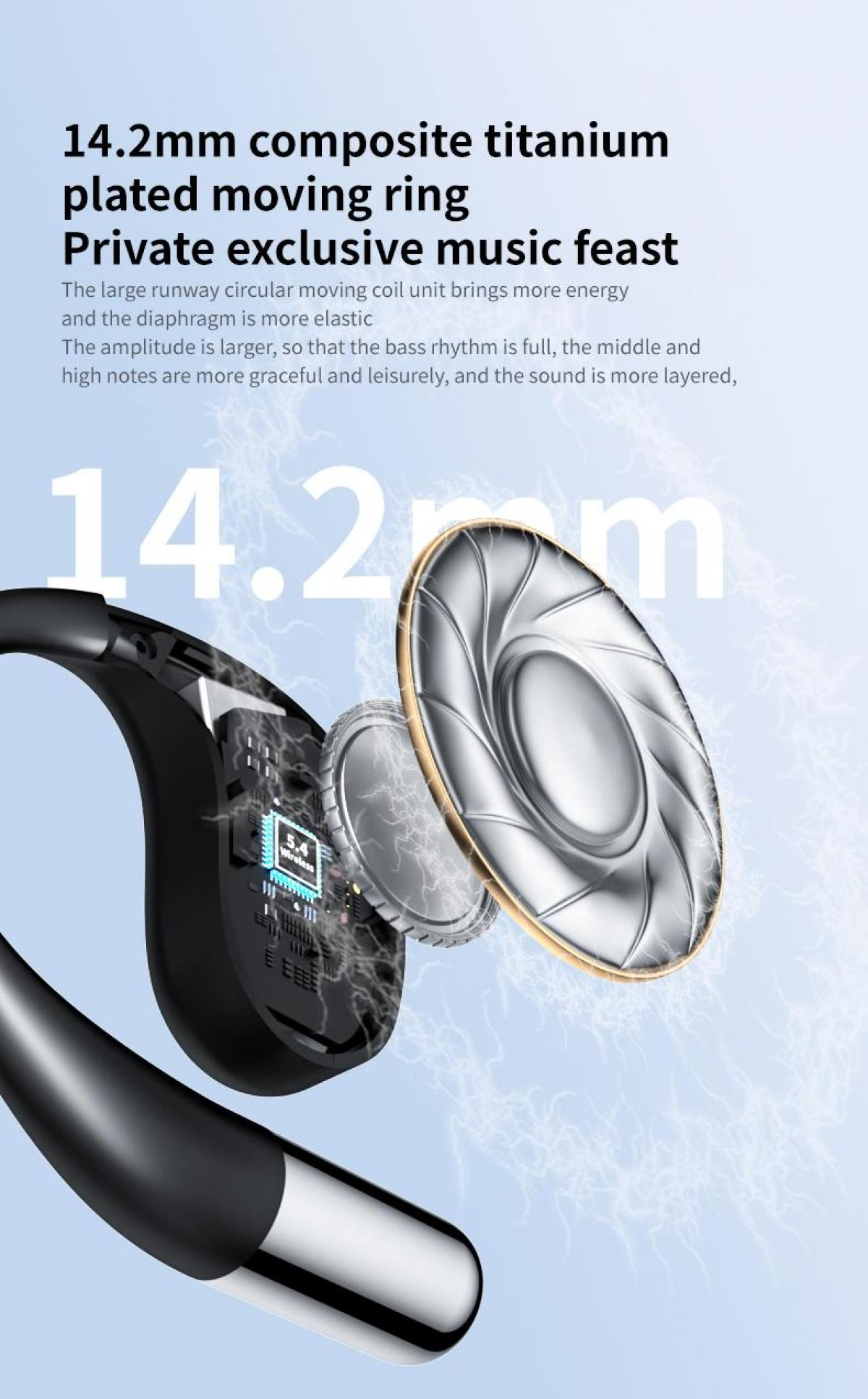 Das Bild zeigt einen schwarzen und silbernen kabellosen Kopfhörer mit Textüberlagerung. Es hebt Funktionen wie einen 14,2-mm-Moving-Ring und kabellose Funktionen hervor.