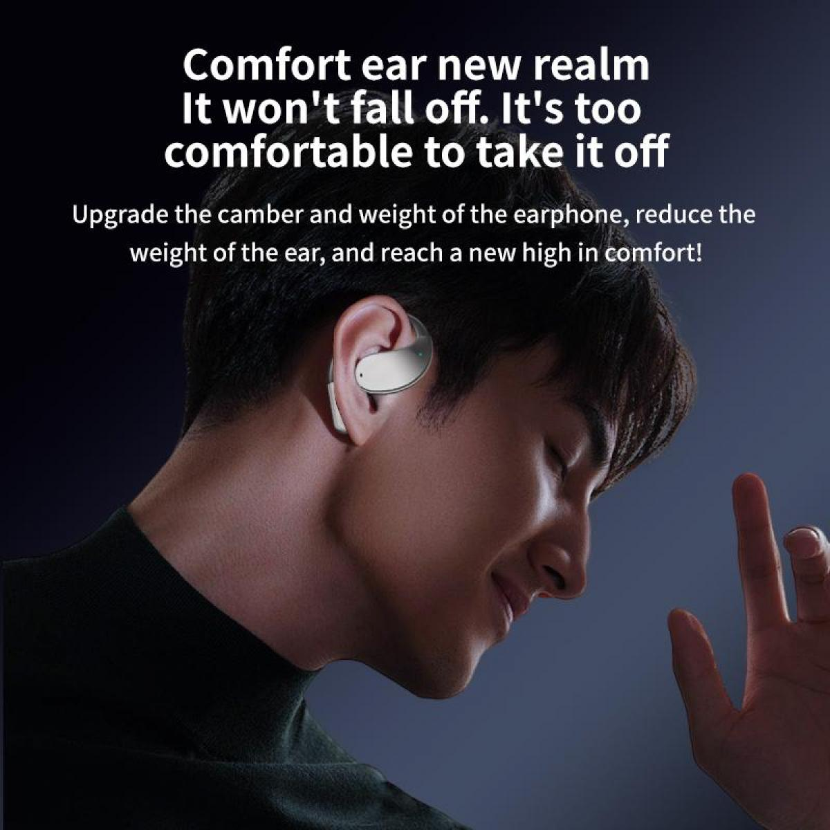 Ein Mann mit weißen Ohrhörern. Der Text oben lautet "Comfort ear new realm It won't fall off. It's too comfortable to take it off".