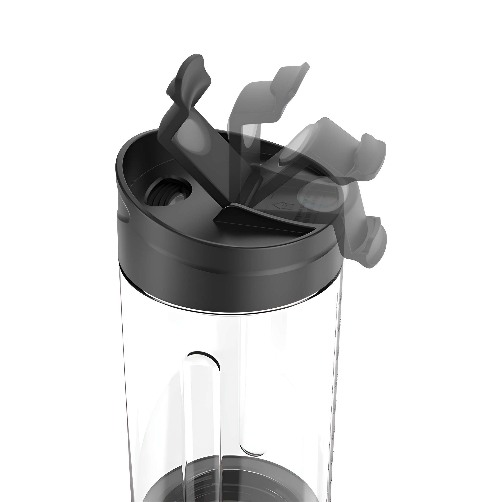 Eine klare Plastikflasche mit schwarzem Deckel und beweglichem schwarzem Verschluss vor weißem Hintergrund.