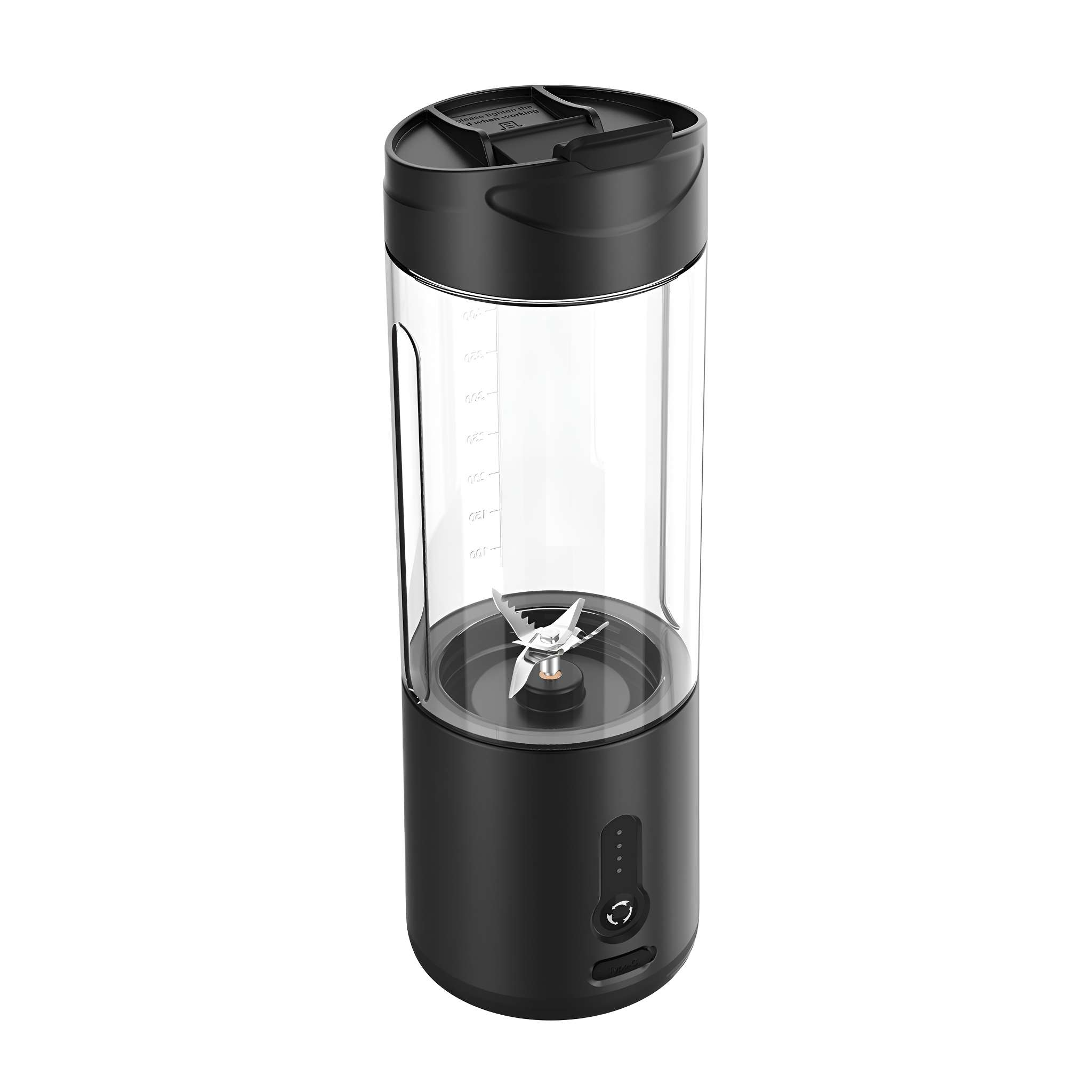 Ein tragbarer Mixer in Schwarz und Klar. Er hat einen schwarzen Sockel, einen transparenten Behälter und einen schwarzen Deckel.