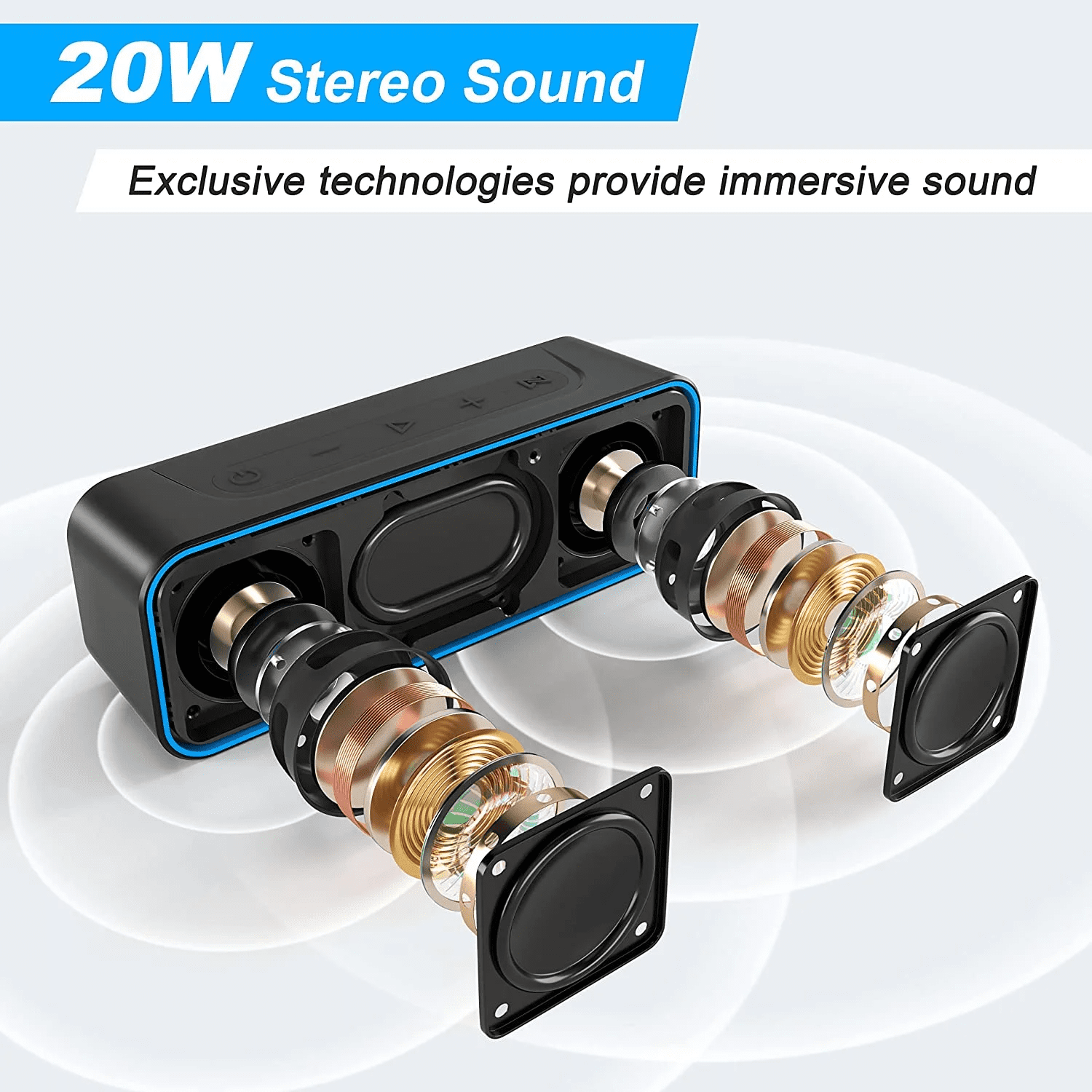 Schwarzer Lautsprecher mit blauem Rand, freiliegenden Innenteilen und zwei herausragenden Lautsprechern. Text: 20W Stereo-Sound, immersiver Sound.