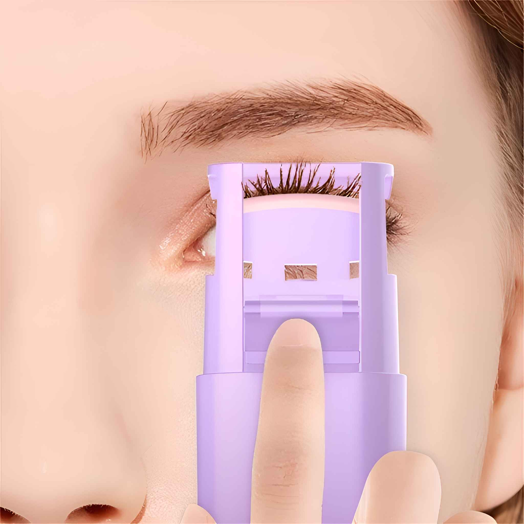 Nahaufnahme eines Gesichts, das einen lila Wimpernzange am Auge benutzt. Die Haut ist hell, mit einer sichtbaren Augenbraue.