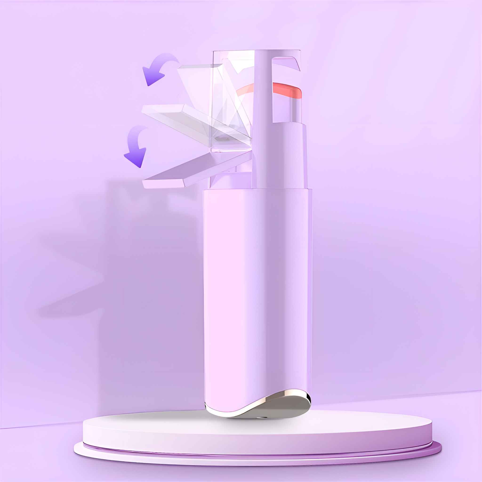 Ein lila Gerät mit schwenkbaren Teilen auf einer weißen Plattform, lila Hintergrund mit Bewegungspfeilen.