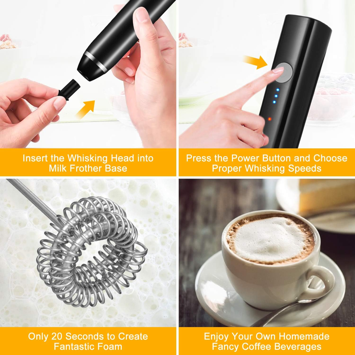 Vier Bilder zeigen einen Milchaufschäumer. Schritte: Quirl einsetzen, Knopf drücken, Milch aufschäumen und eine Tasse Kaffee mit Schaum.