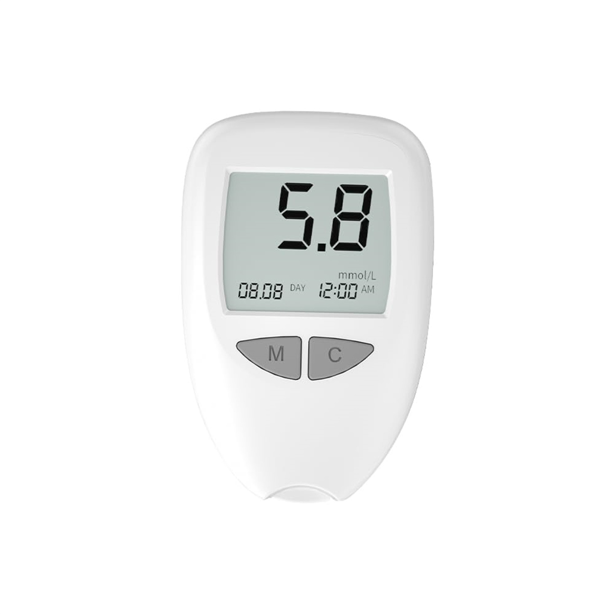 Ein weißes Blutzuckermessgerät zeigt 5,8 mmol/L an. Es zeigt das Datum 08.08 und die Uhrzeit 12:00 Uhr an. Es gibt zwei graue Knöpfe.