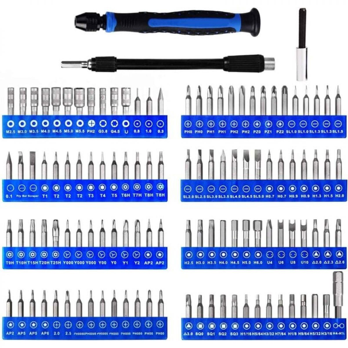 Ein Satz Schraubendreherbits und -griffe in einem blauen Koffer. Mehrere Größen und Typen von Bits sind sichtbar.