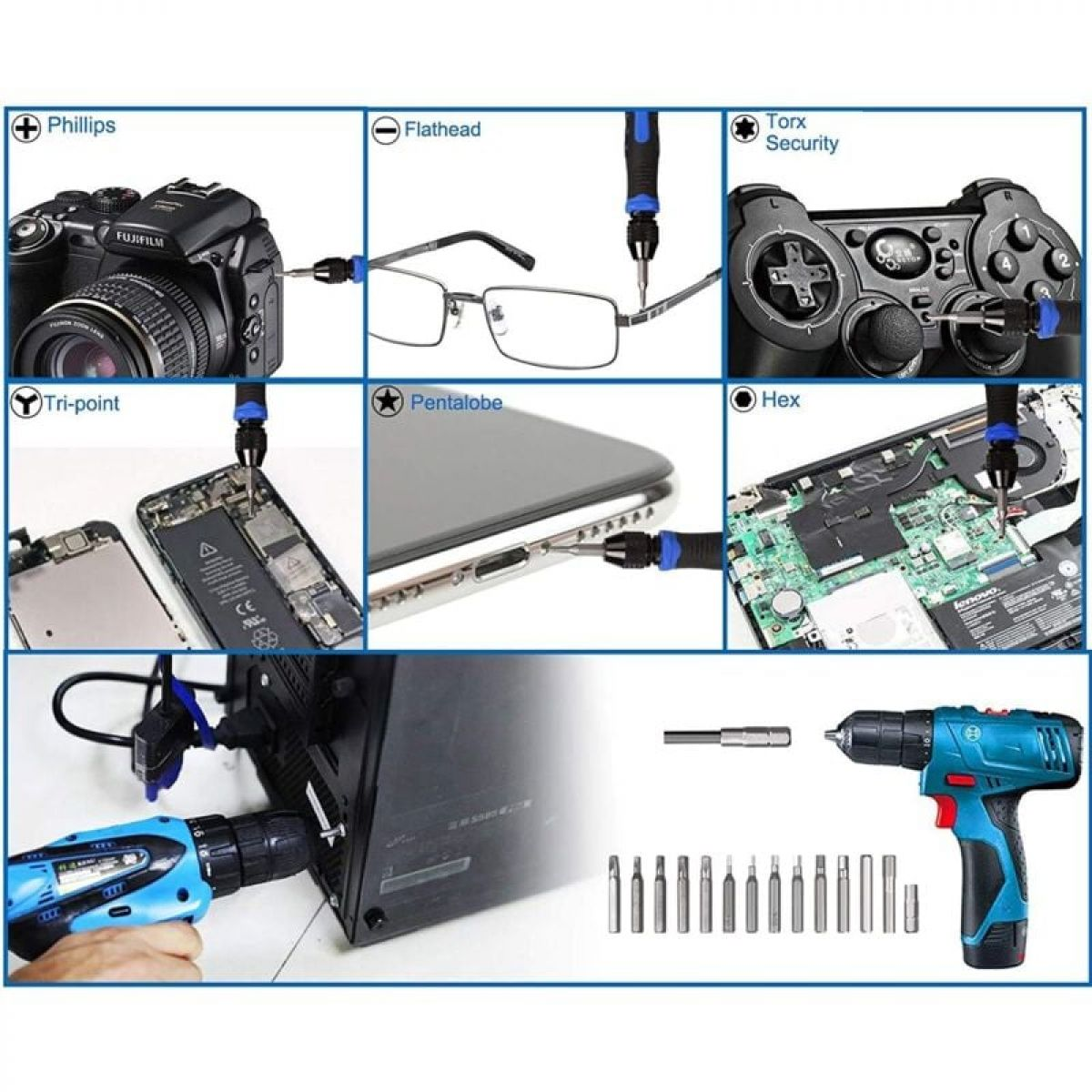 Ein Satz Schraubendreher wird gezeigt, zusammen mit verschiedenen Objekten, die zerlegt werden, darunter eine Kamera, eine Brille, ein Gamecontroller und ein Telefon.