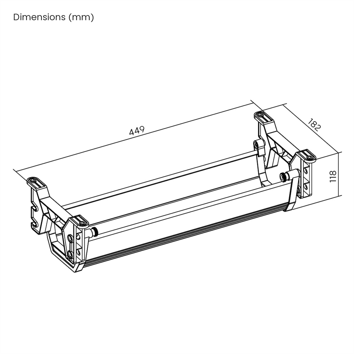 Schwarz-weiße technische Zeichnung eines Regals. Maße sind beschriftet: 449 mm, 182 mm und 118 mm. Der Text lautet "Maße (mm)".
