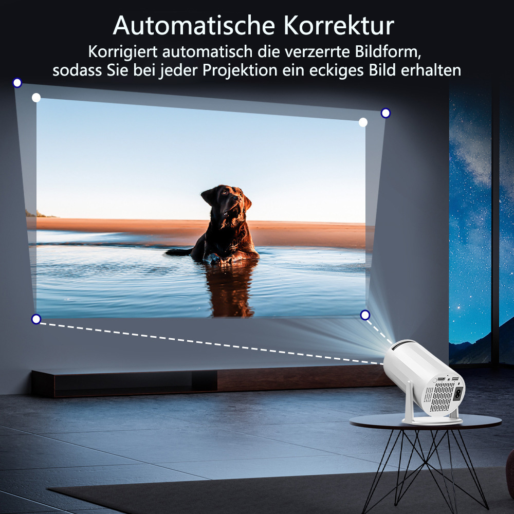 Ein Projektor zeigt eine Strandszene mit einem Hund im Wasser. Der Raum hat einen dunklen Boden, einen kleinen Tisch und ein Fenster mit Sternenhimmel.