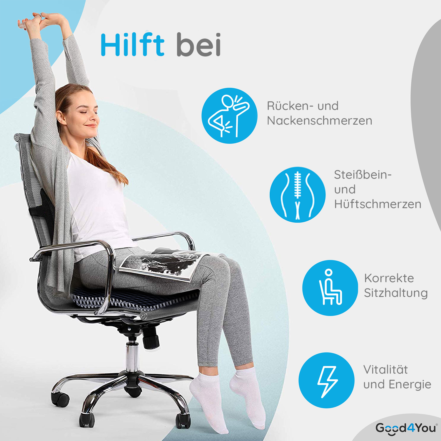 Eine Frau dehnt sich im Bürostuhl. Das Bild wirbt für Rückenschmerzlinderung, korrekte Haltung und Vitalität.