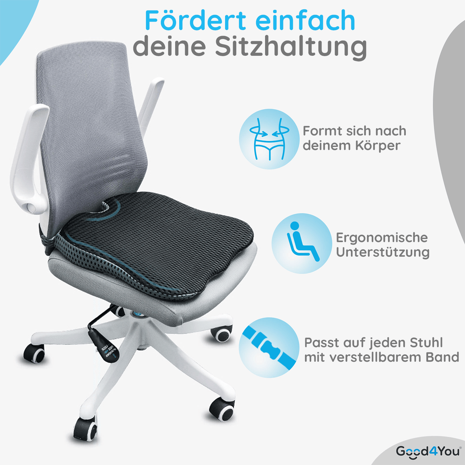 Ein Bürostuhl mit Sitzkissen. Der Stuhl ist grau und weiß. Das Sitzkissen ist schwarz und hat eine blaue Umrandung.