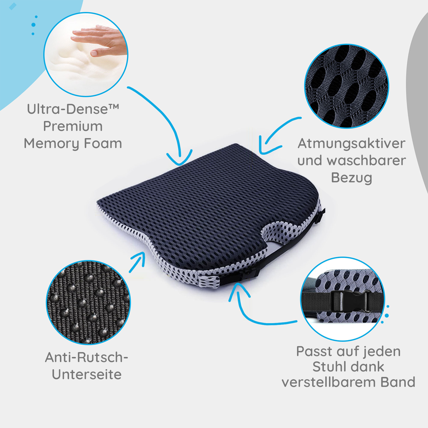 Ein schwarzes Kissen mit Memory-Schaum, atmungsaktivem Bezug, rutschfester Unterseite und verstellbarem Gurt für Stühle.