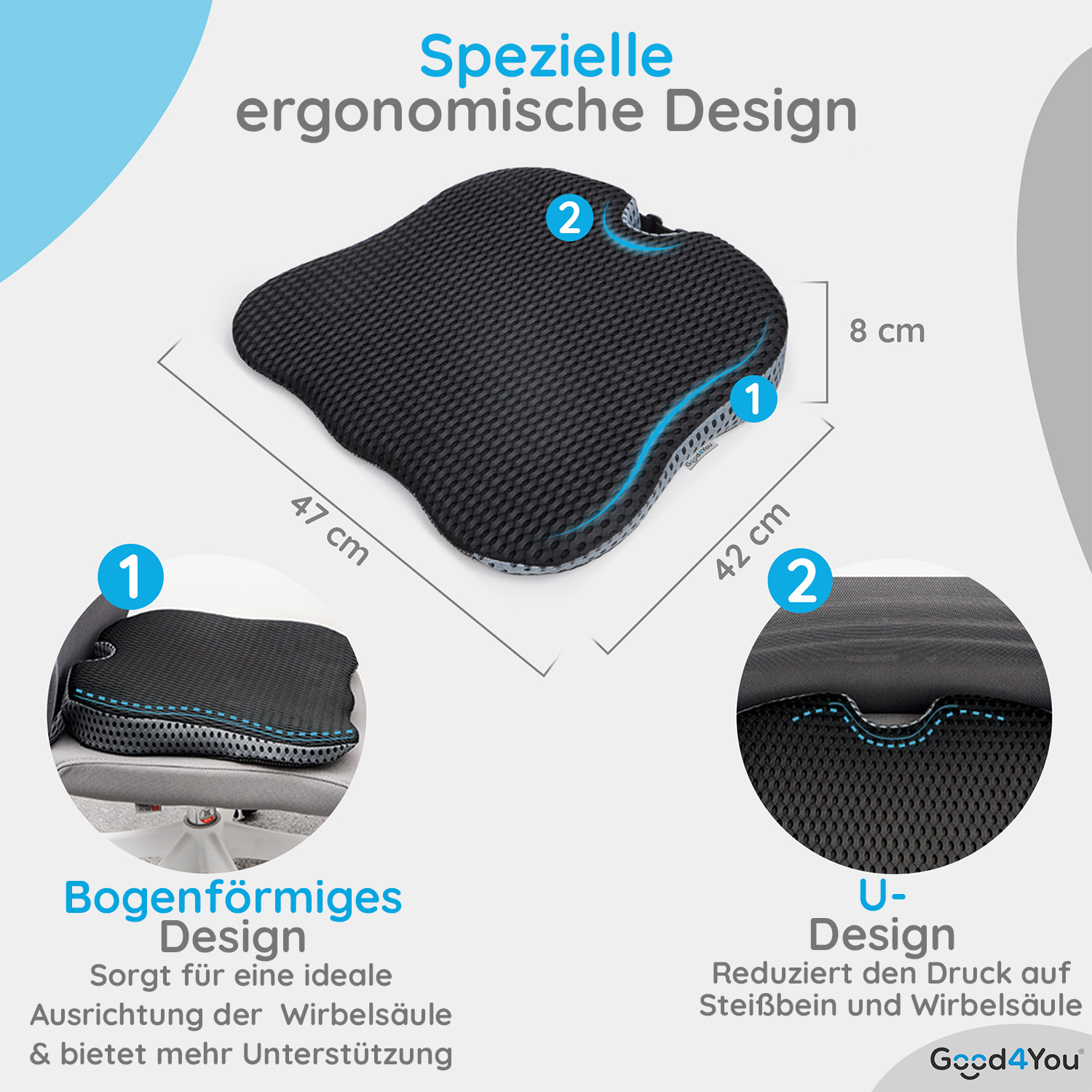 Ein schwarzes ergonomisches Sitzkissen mit blauen Akzenten ist abgebildet. Es soll die Wirbelsäule unterstützen und den Druck reduzieren.