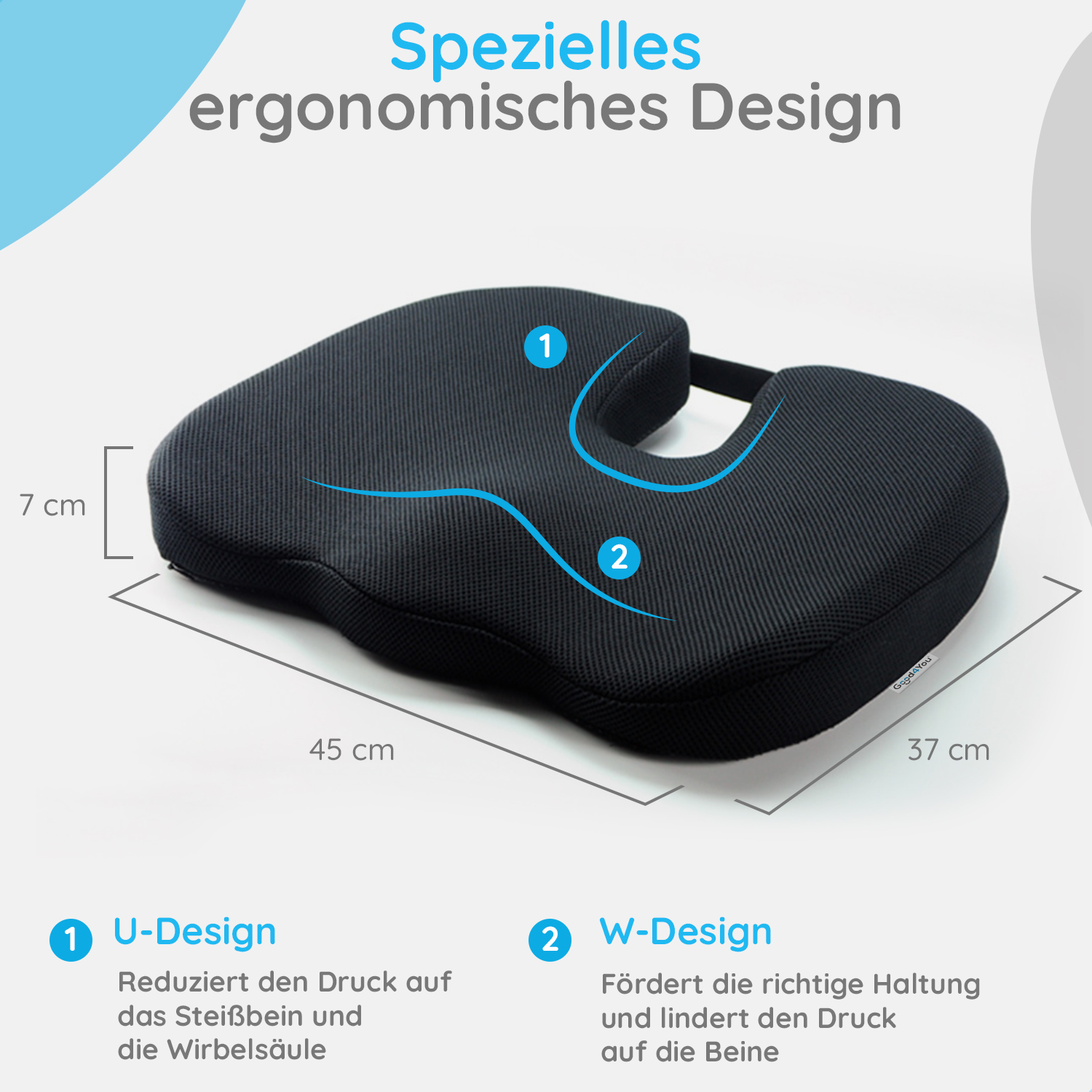 Ein schwarzes ergonomisches Sitzkissen mit U- und W-Design, Abmessungen und Etiketten. Text: Spezielles ergonomisches Design.